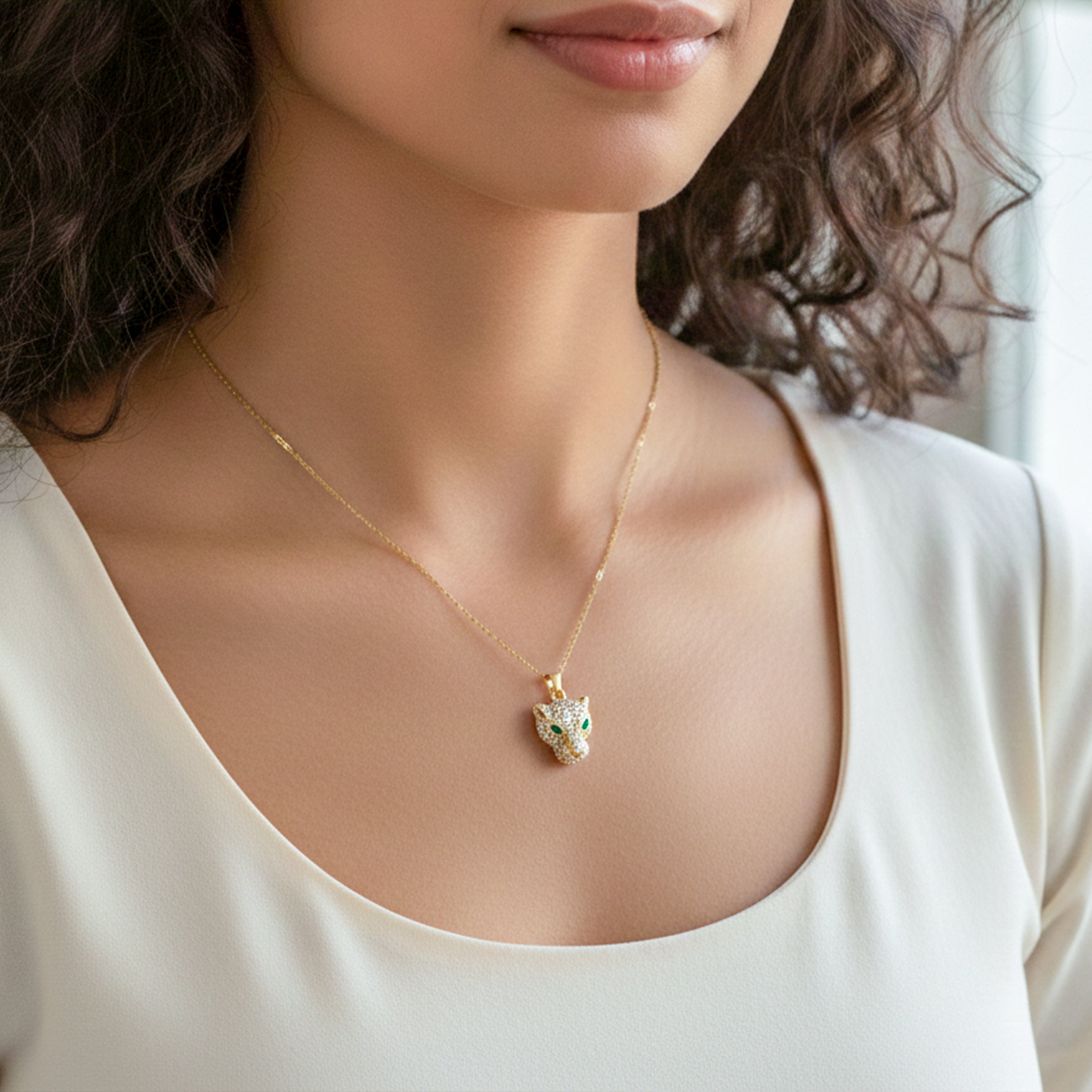 Gold Panther Head with Green Eyes Necklace for women - Finora Jewels