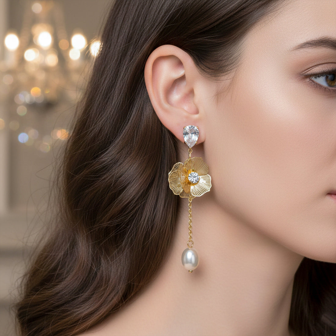 Drop with Crystal & Pearl Accent Stud Earrings for women in Gold - Finora Jewels
