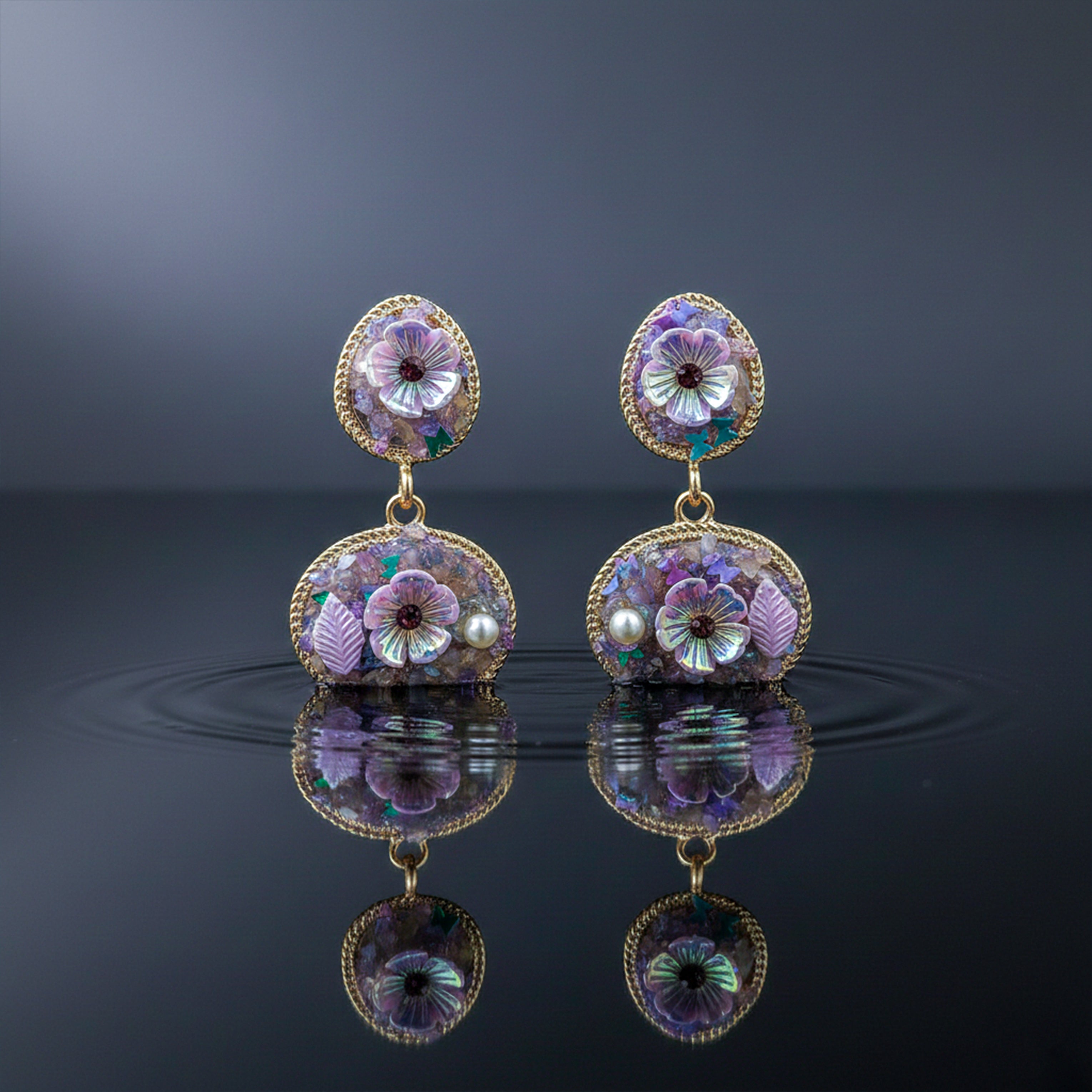 Women Stud Earrings Lavender Floral Stone Drop Gold jewellery - Finora Jewels