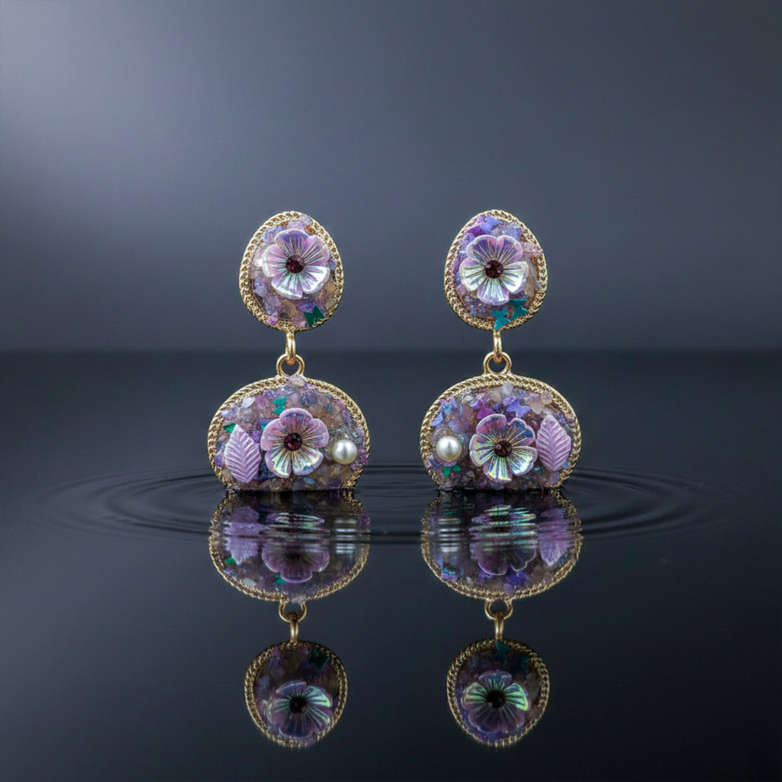 Women Stud Earrings Lavender Floral Stone Drop Gold jewellery - Finora Jewels