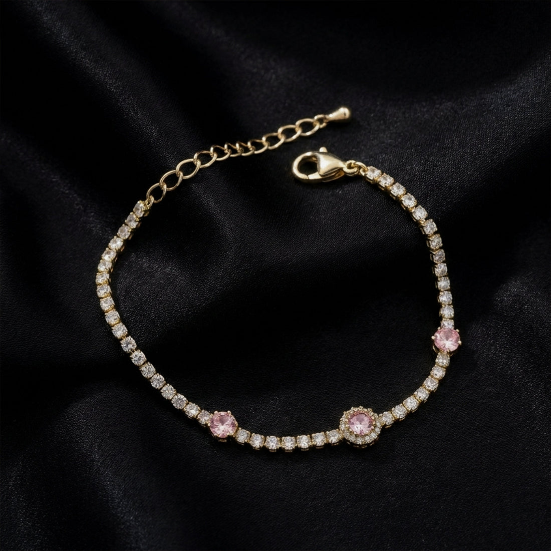 Gold Pink Halo Tennis Bracelet for women - Finora Jewels