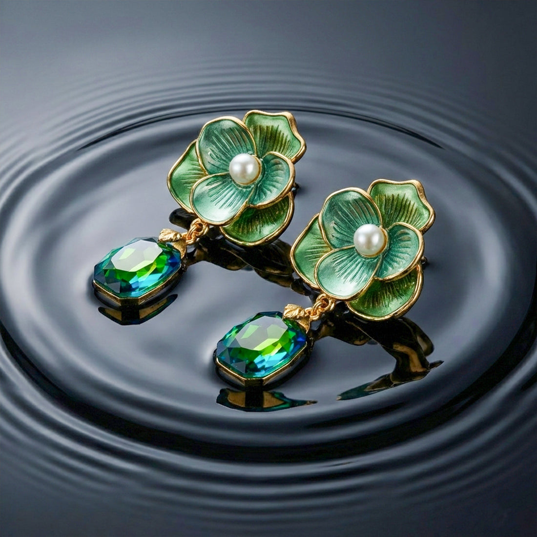 Women Drop Earrings Green Floral GWE -231 No Reviews Gold jewellery - Finora Jewels