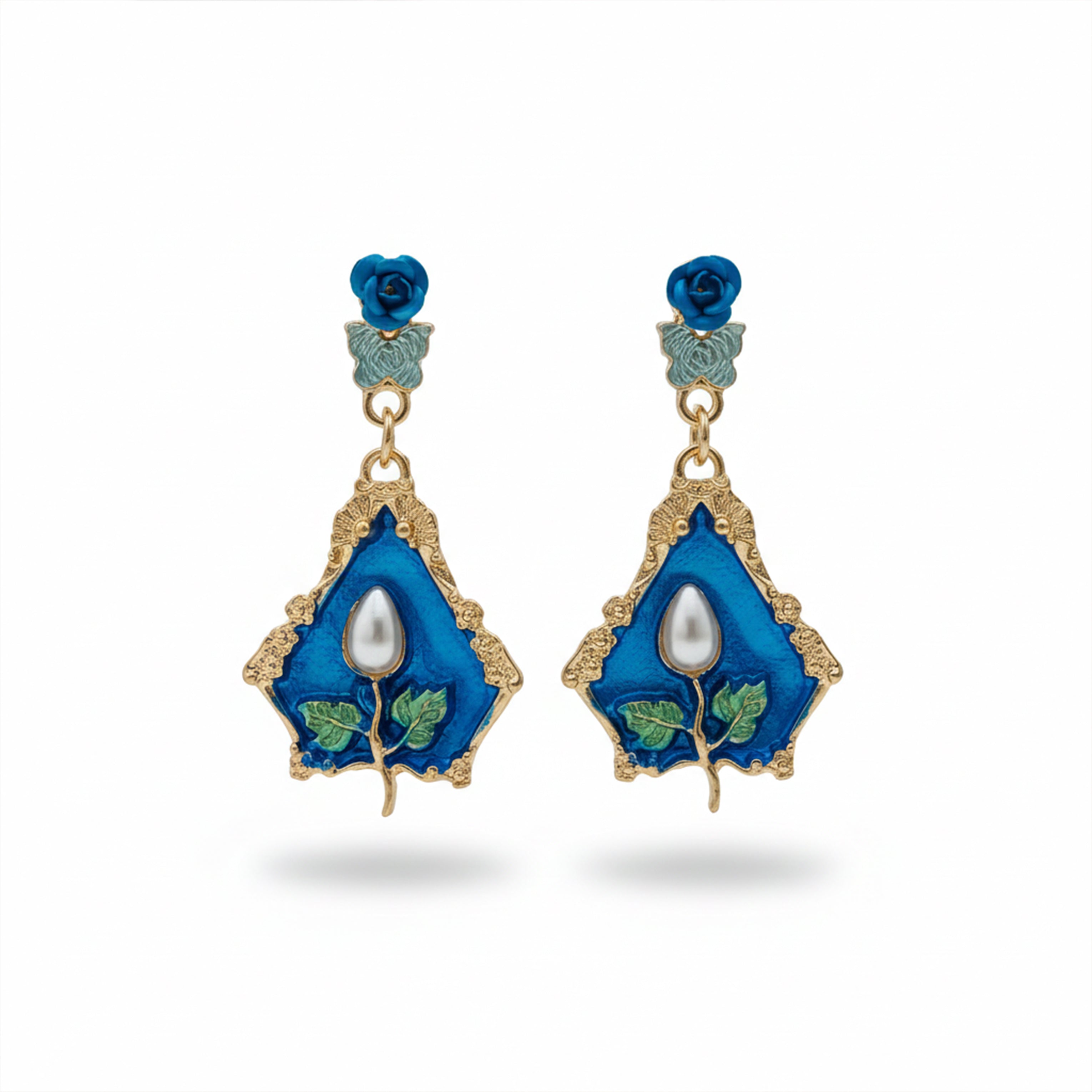 Women Drop Earrings Royal Blue Floral Gold jewellery - Finora Jewels