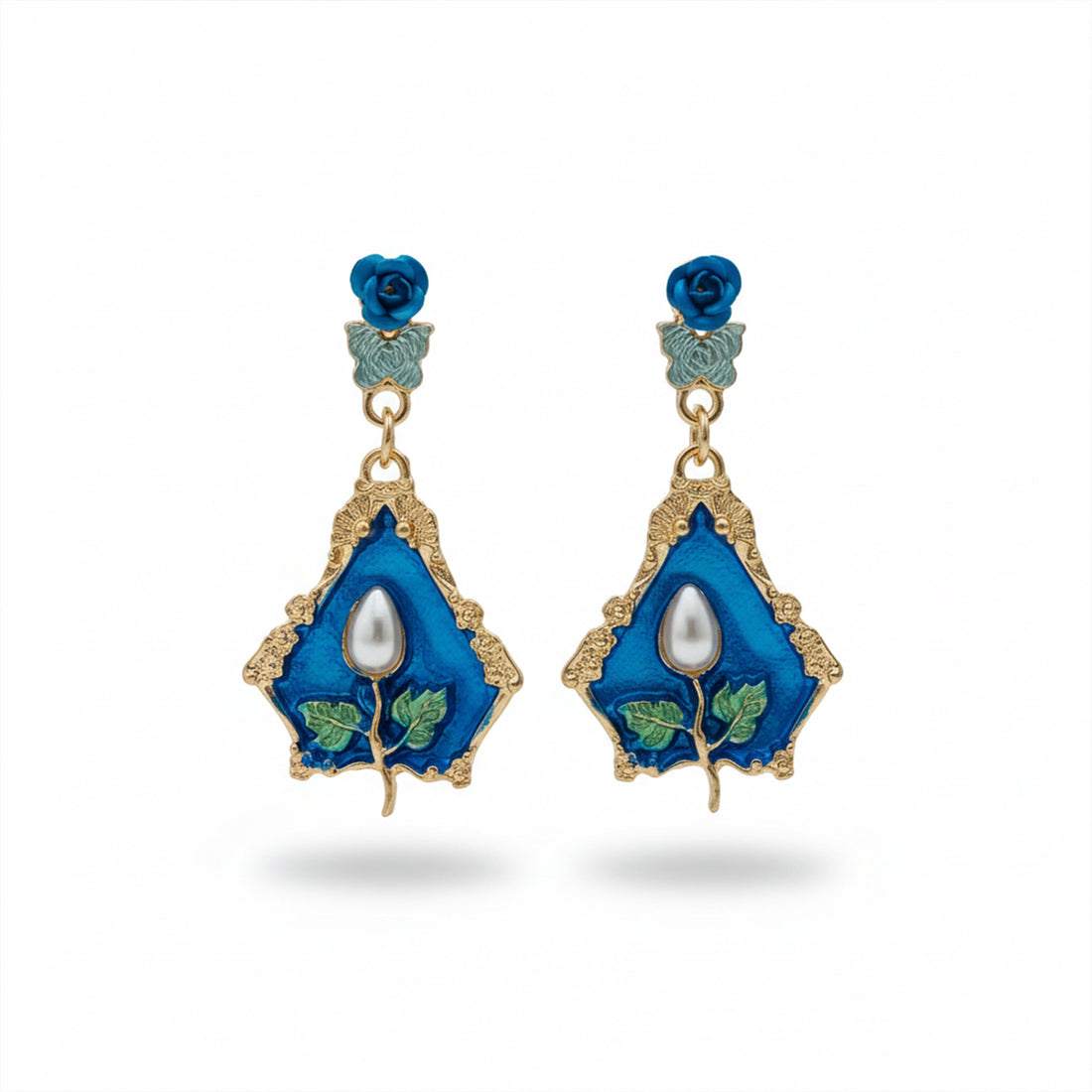 Women Drop Earrings Royal Blue Floral Gold jewellery - Finora Jewels