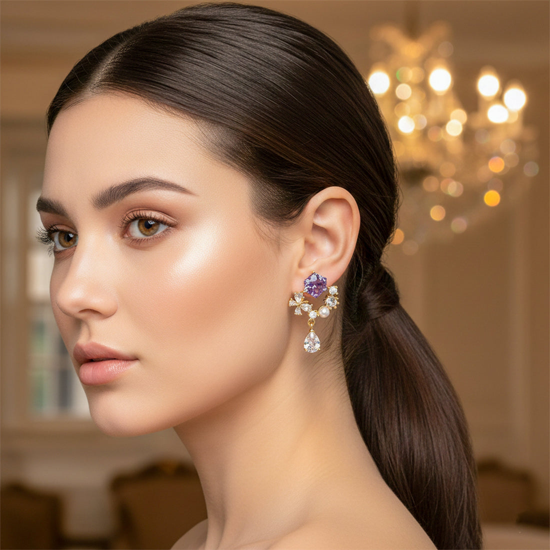Assorted-Stone Bloom Gold Dangle Ear Studs GWE -168