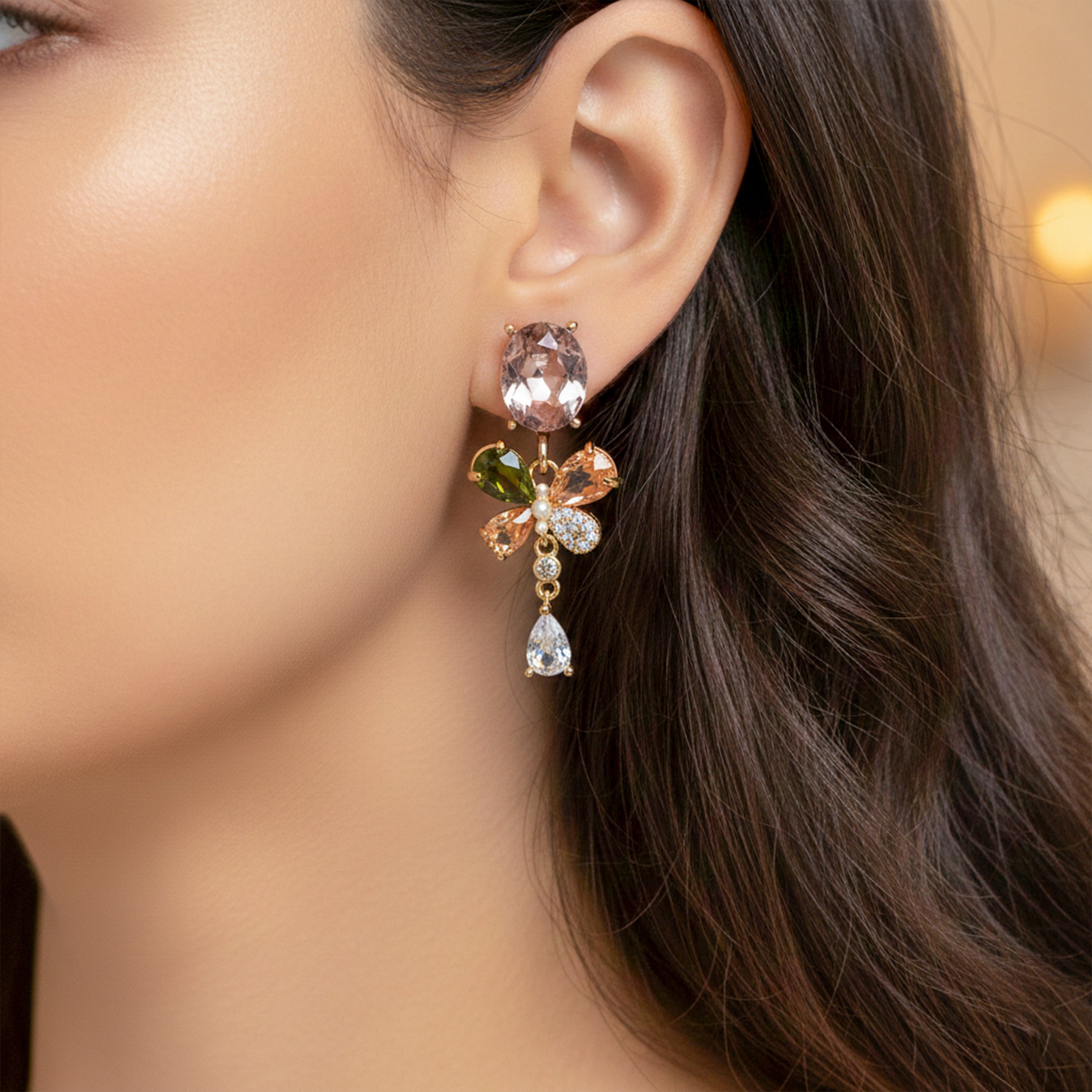 Bloom Cubic Zirconia Dangle Ear Studs GWE -136