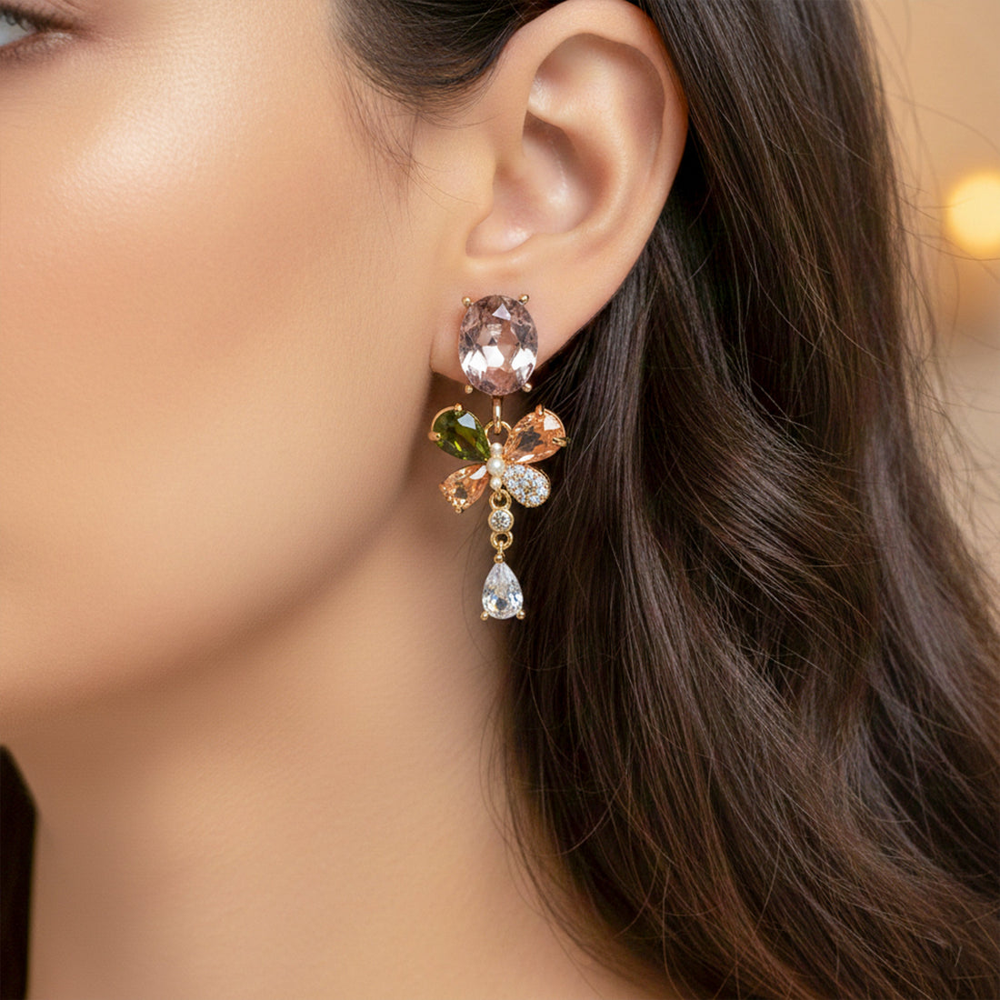 Bloom Cubic Zirconia Dangle Ear Studs GWE -136