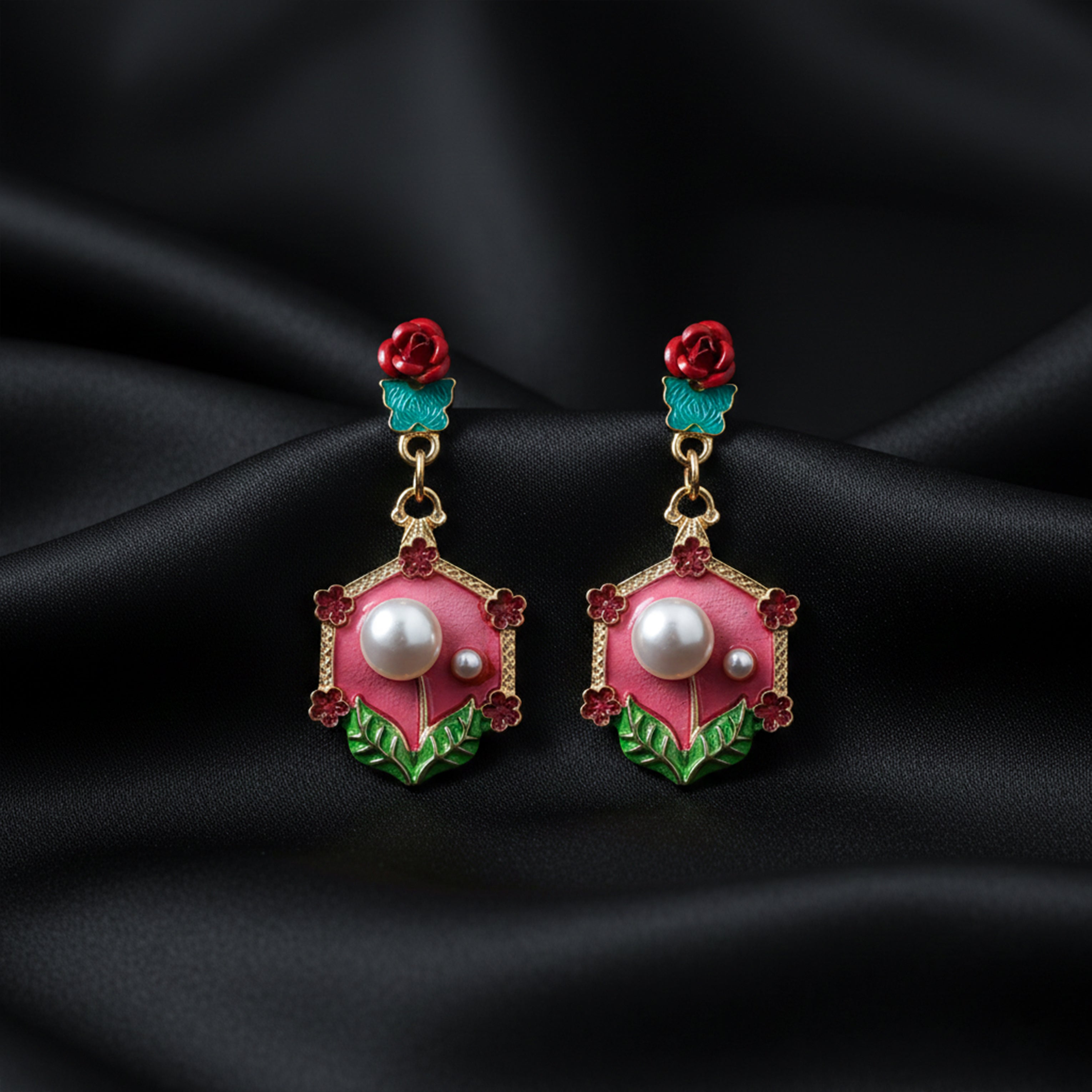 Women Stud Earrings Red Floral Pearl Gold jewellery - Finora Jewels