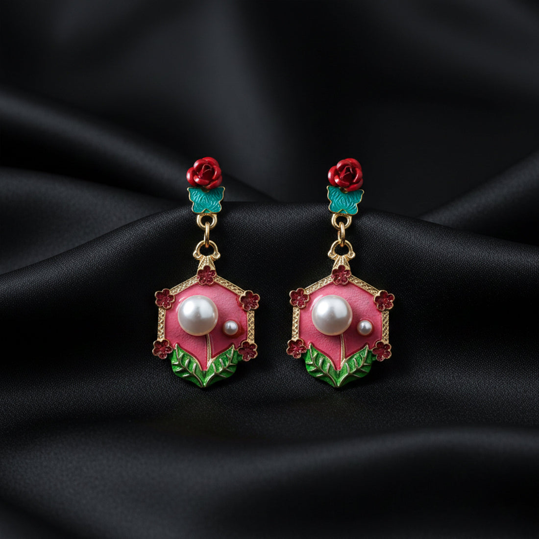 Women Stud Earrings Red Floral Pearl Gold jewellery - Finora Jewels