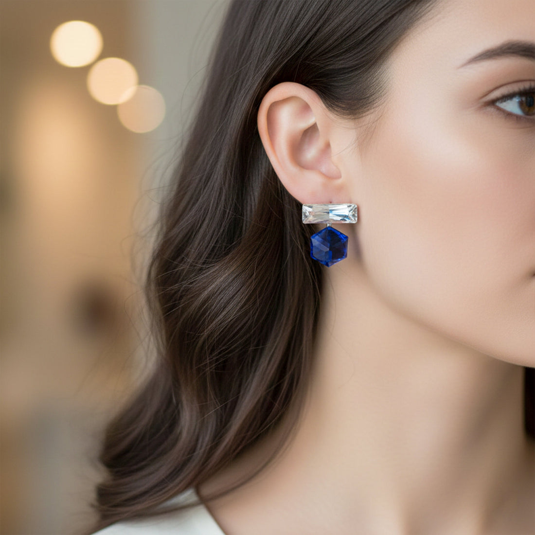 Women Stud Earrings Blue & Clear Crystal Geometric Drop Gold jewellery - Finora Jewels