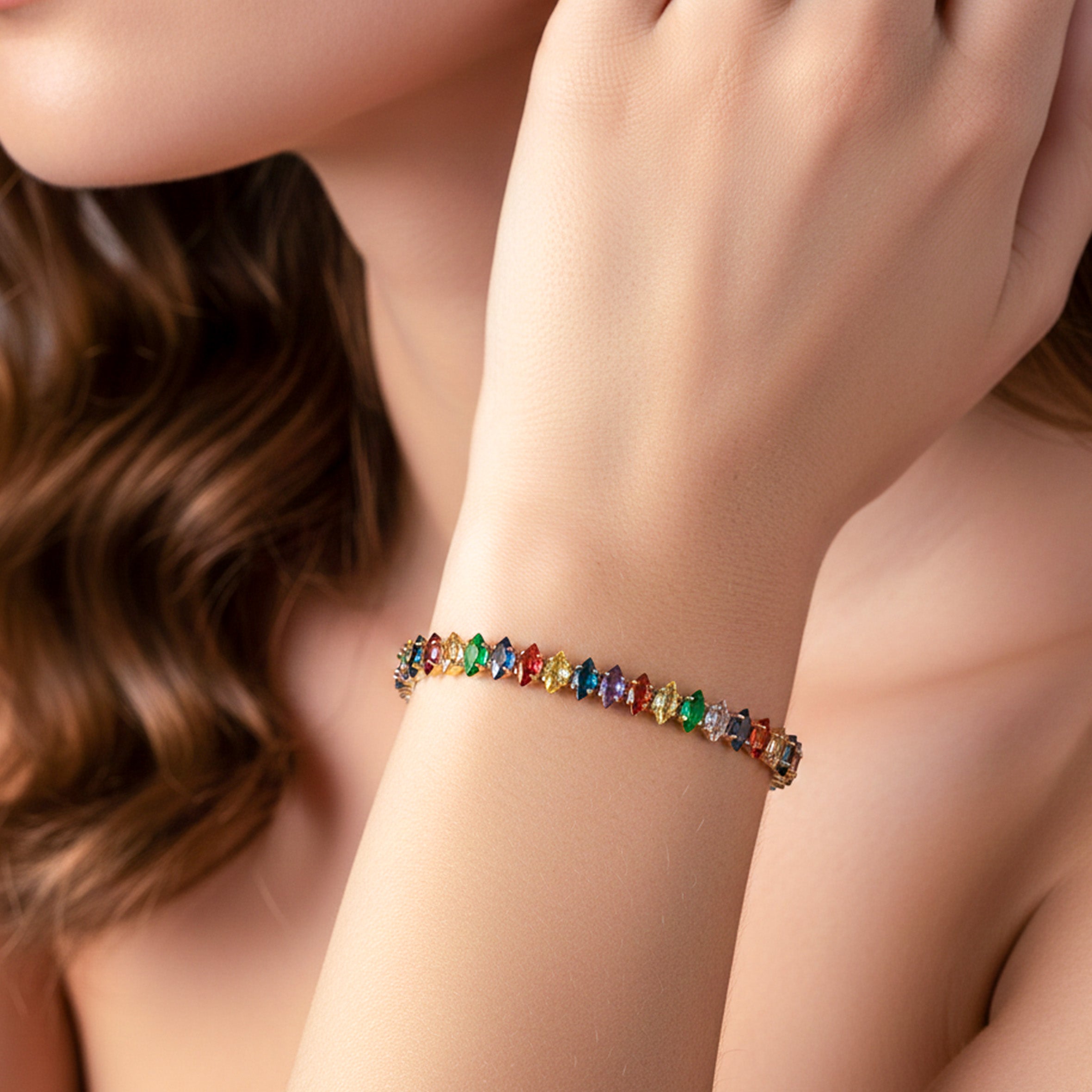 Gold Rainbow Marquise Tennis Bracelet for women - Finora Jewels