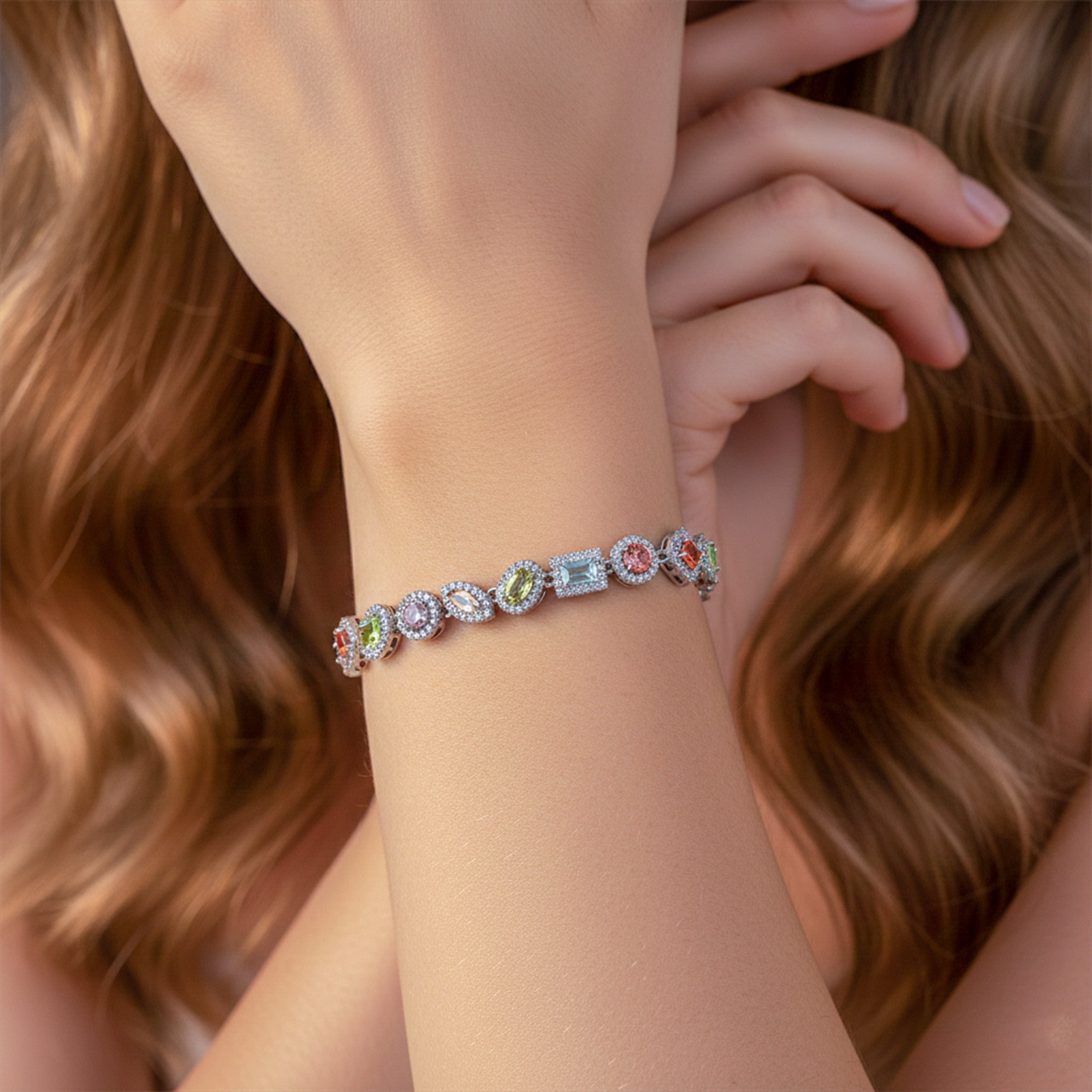 Silver Pastel Multicolor Halo Tennis Bracelet for women - Finora Jewels