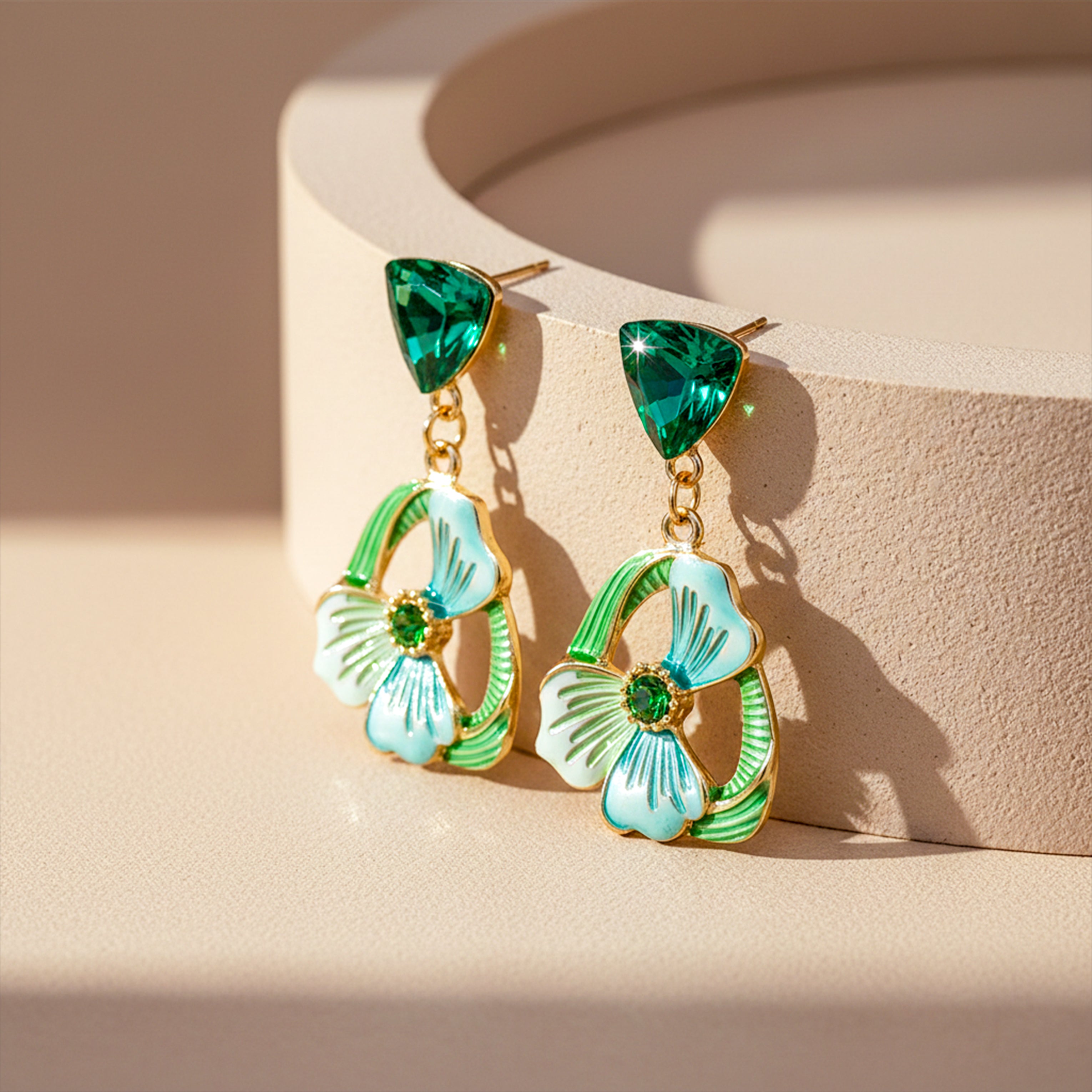 Emerald Floral Drop Stud Earrings for women in Gold - Finora Jewels