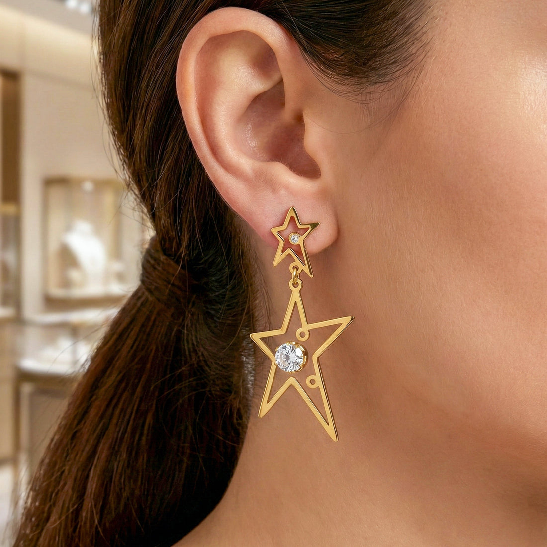 Celestial Star Drop Stud Earrings for women in Gold - Finora Jewels