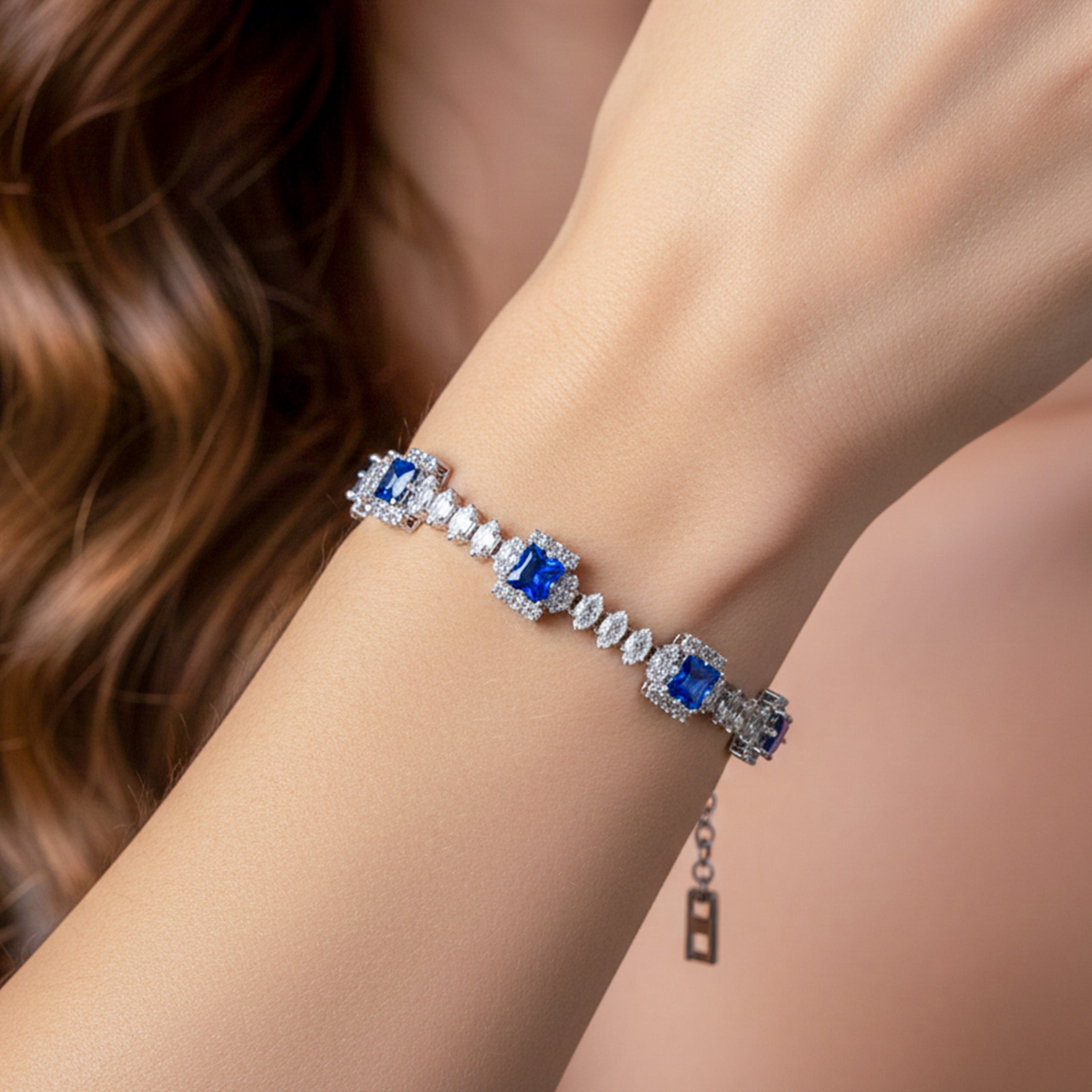 Women Bracelet Blue Princess Halo Tennis Silver jewellery - Finora Jewels
