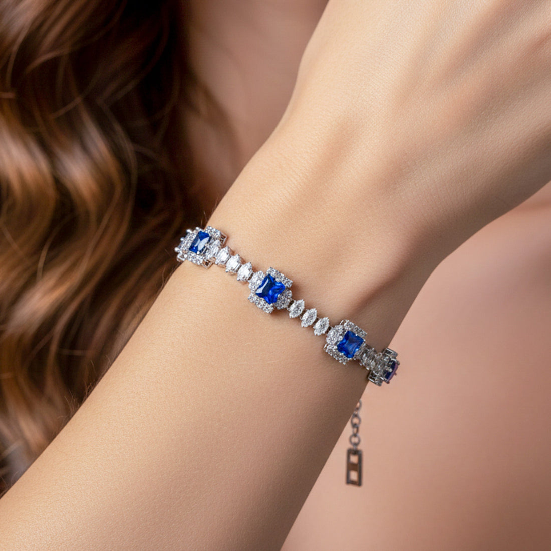 Women Bracelet Blue Princess Halo Tennis Silver jewellery - Finora Jewels