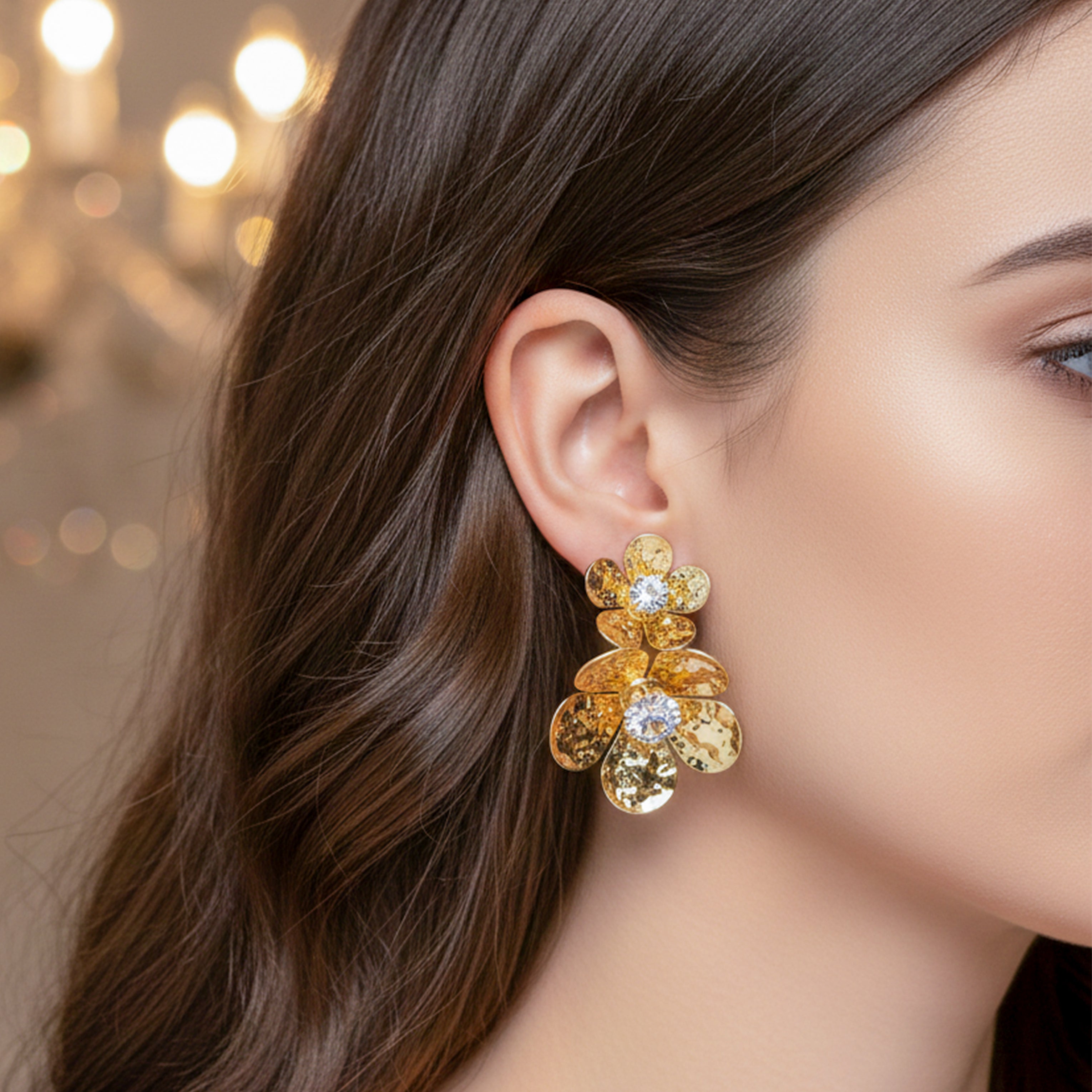 Women Stud Earrings Floral Drop Gold jewellery - Finora Jewels
