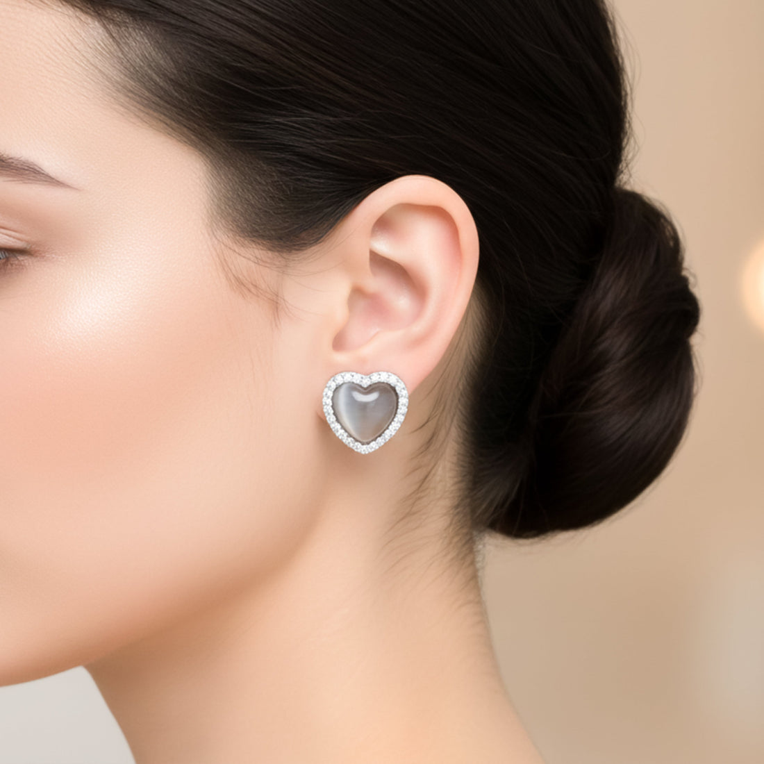 Women Stud Earrings Grey Heart Halo Stud Silver jewellery - Finora Jewels