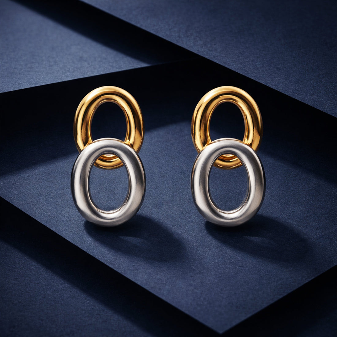 Dual Orbit Two-Tone Link Stud Stud Earrings for women in Silver - Finora Jewels