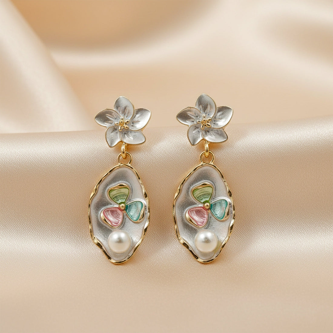 Silver Floral Pearl Stud Earrings for women - Finora Jewels