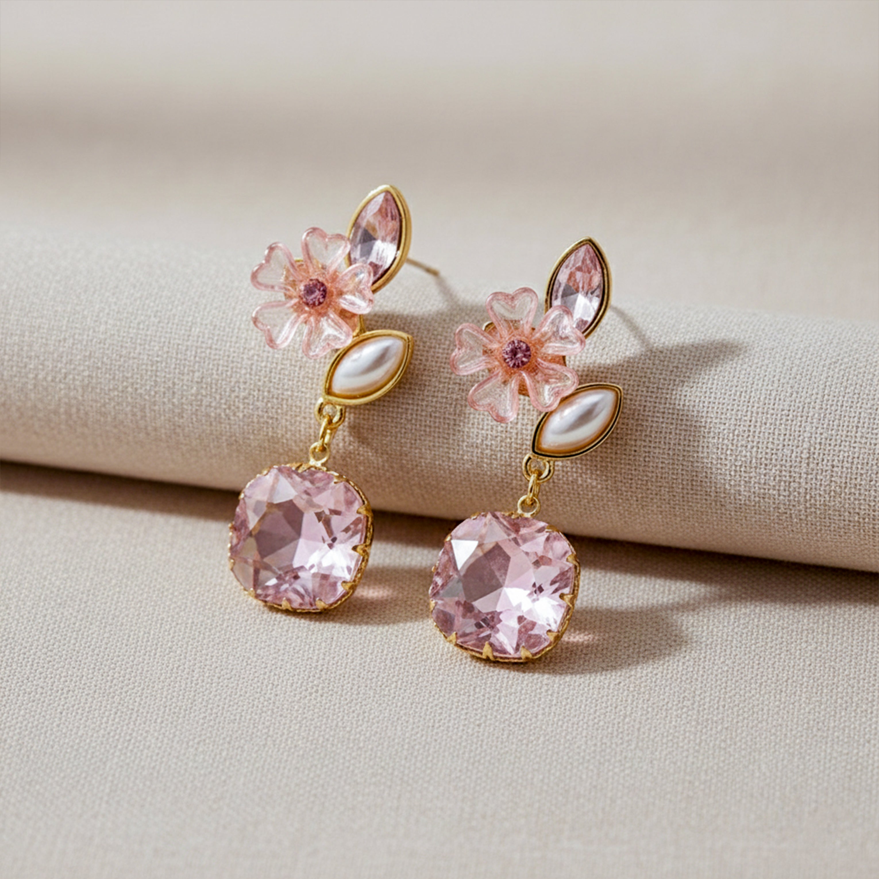 Blush Floral Crystal Drop Earrings for women in Gold - Finora Jewels