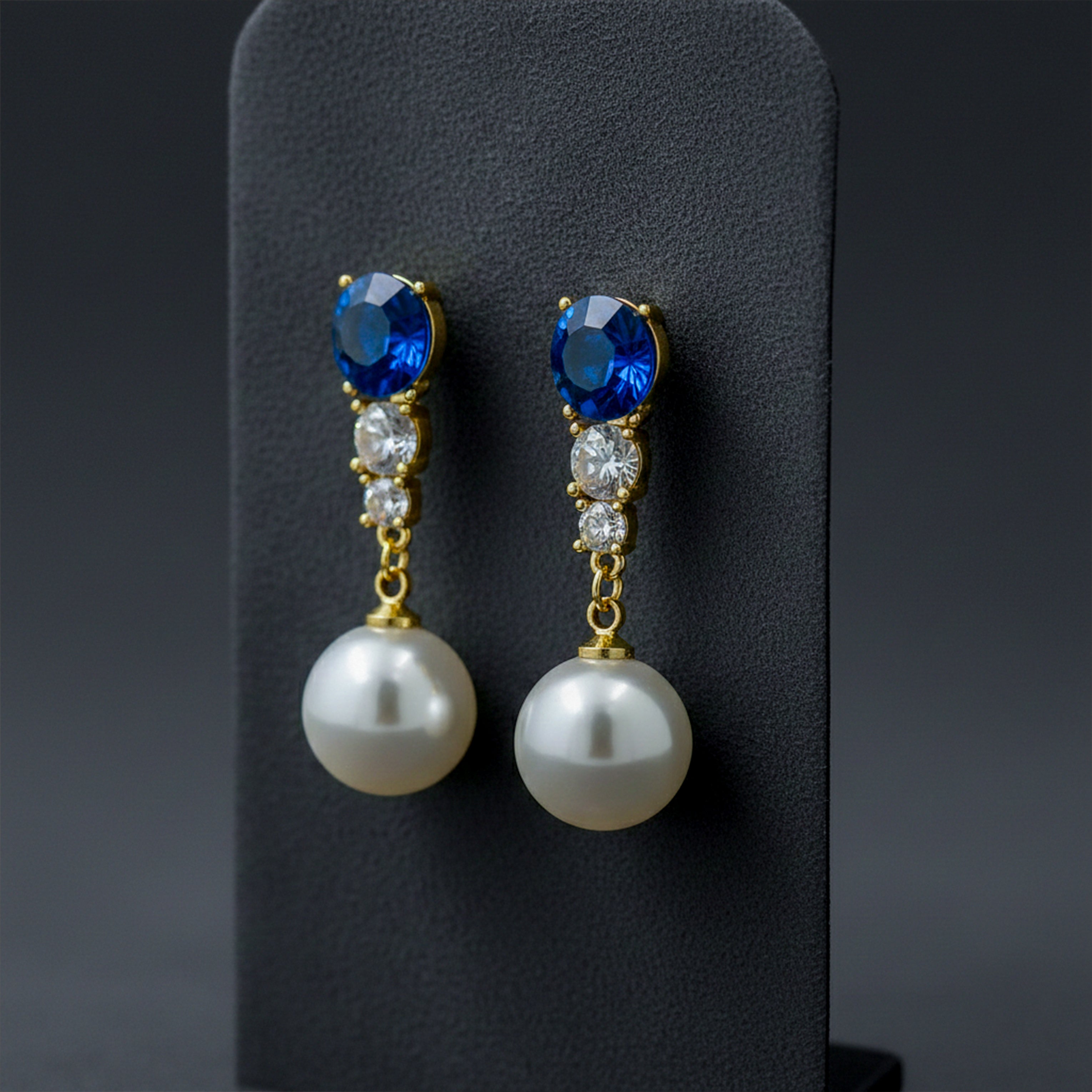 Blue Crystal & Pearl Drop Stud Earrings for women in Gold - Finora Jewels
