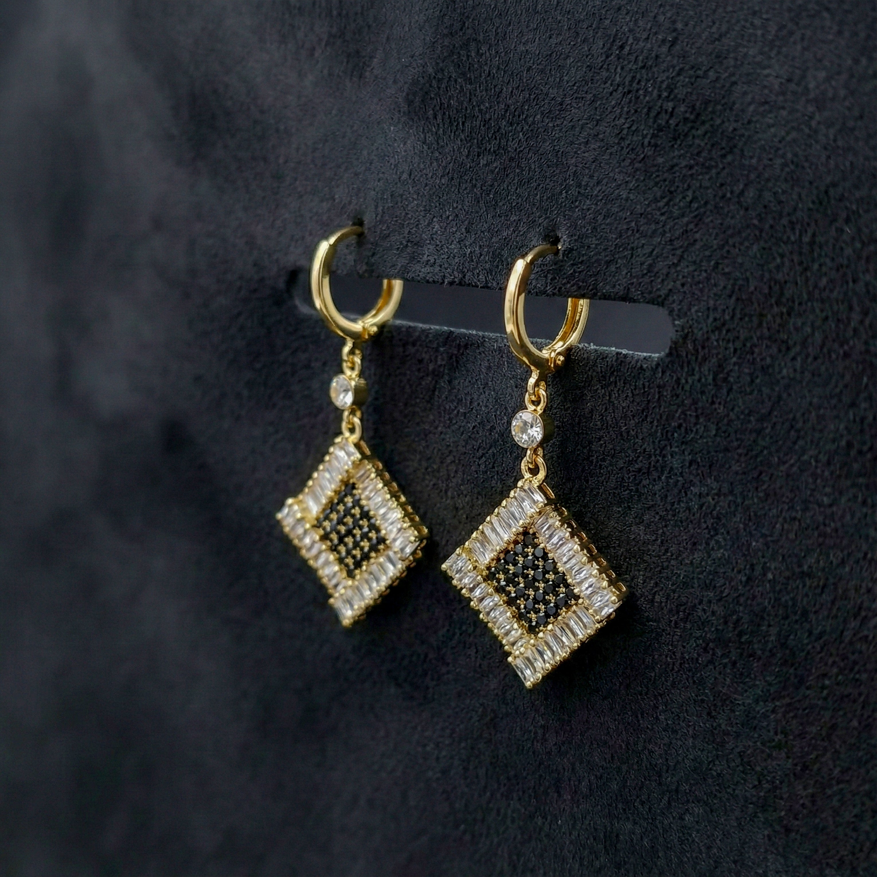 Women Drop Earrings Black & White Crystal Square Drop Gold jewellery - Finora Jewels