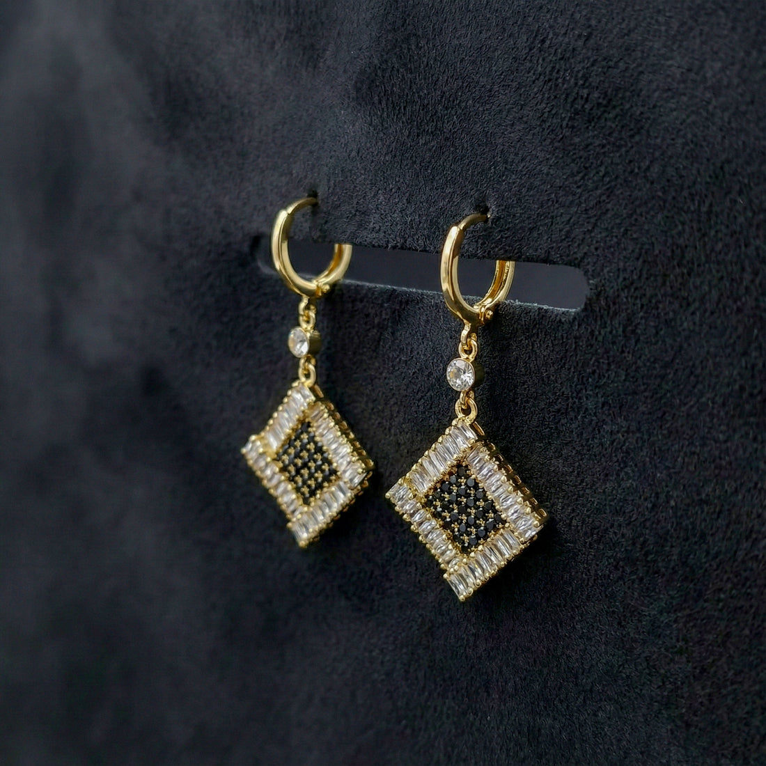 Women Drop Earrings Black & White Crystal Square Drop Gold jewellery - Finora Jewels