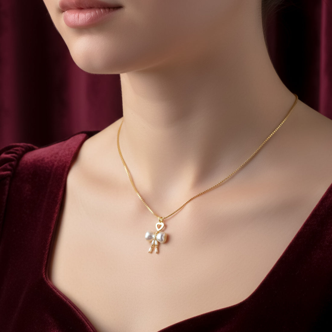 Gold-Toned Moti Bow Love Locket Link Set GWN -51