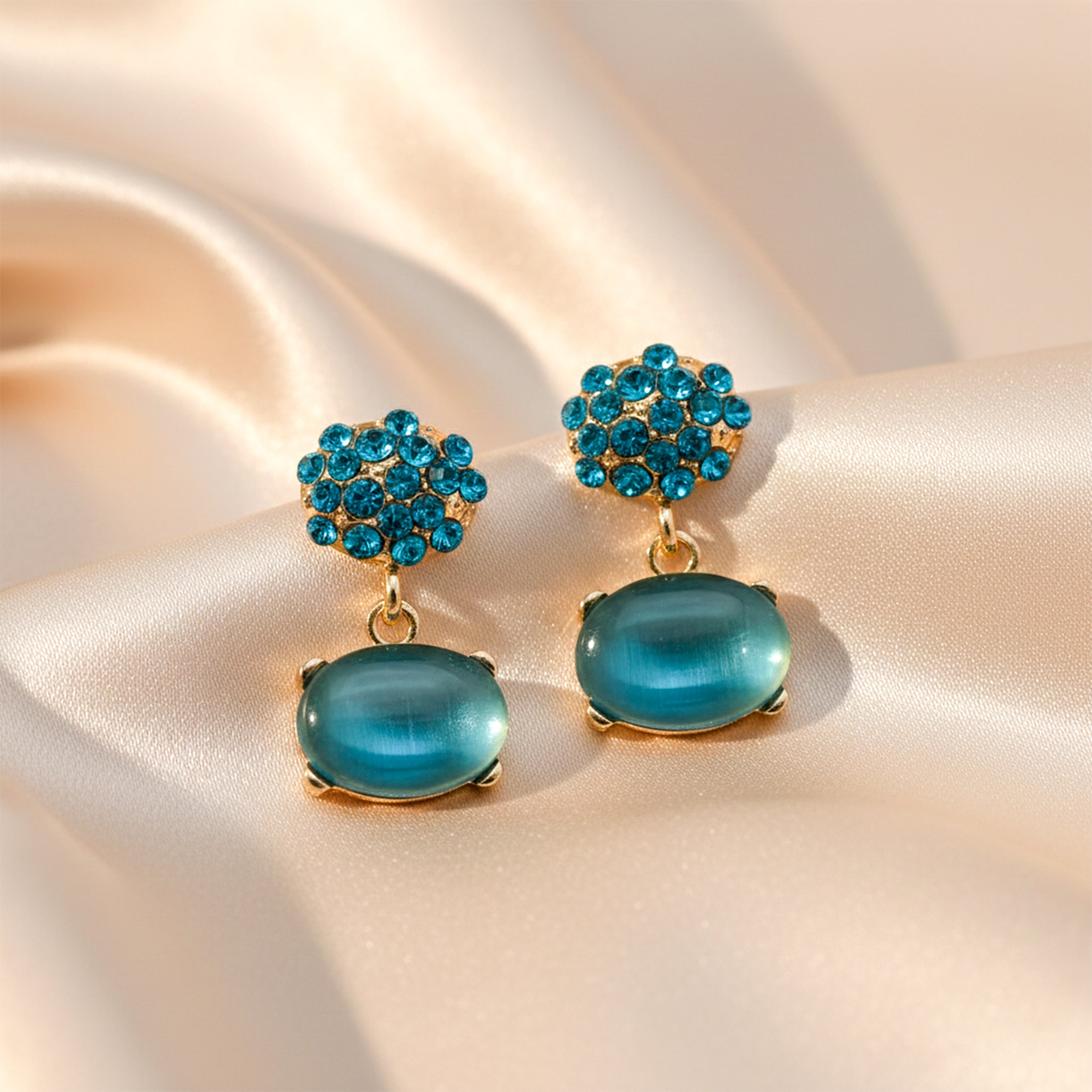 Teal Cubic Zirconia Elliptical Dangle Ear Studs GWE -218