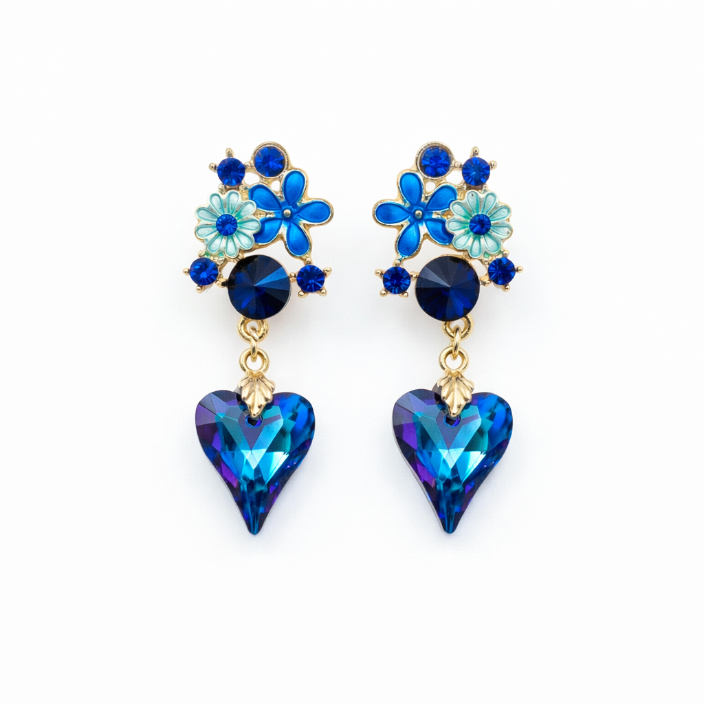 Gold Blue Floral Heart Drop Stud Earrings for women - Finora Jewels