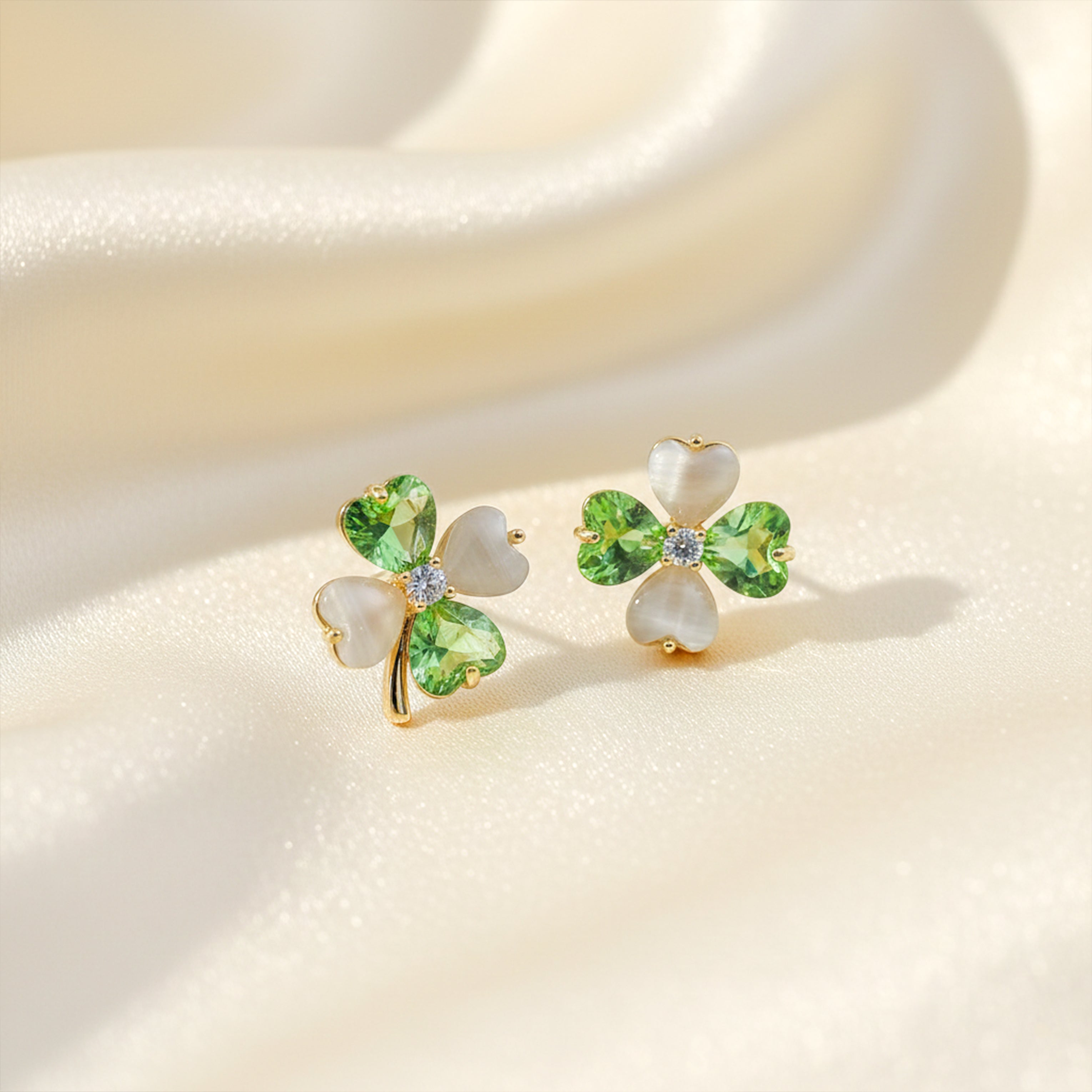 Jade Quatrefoil Cubic Zirconia Post Ear Studs GWE -112