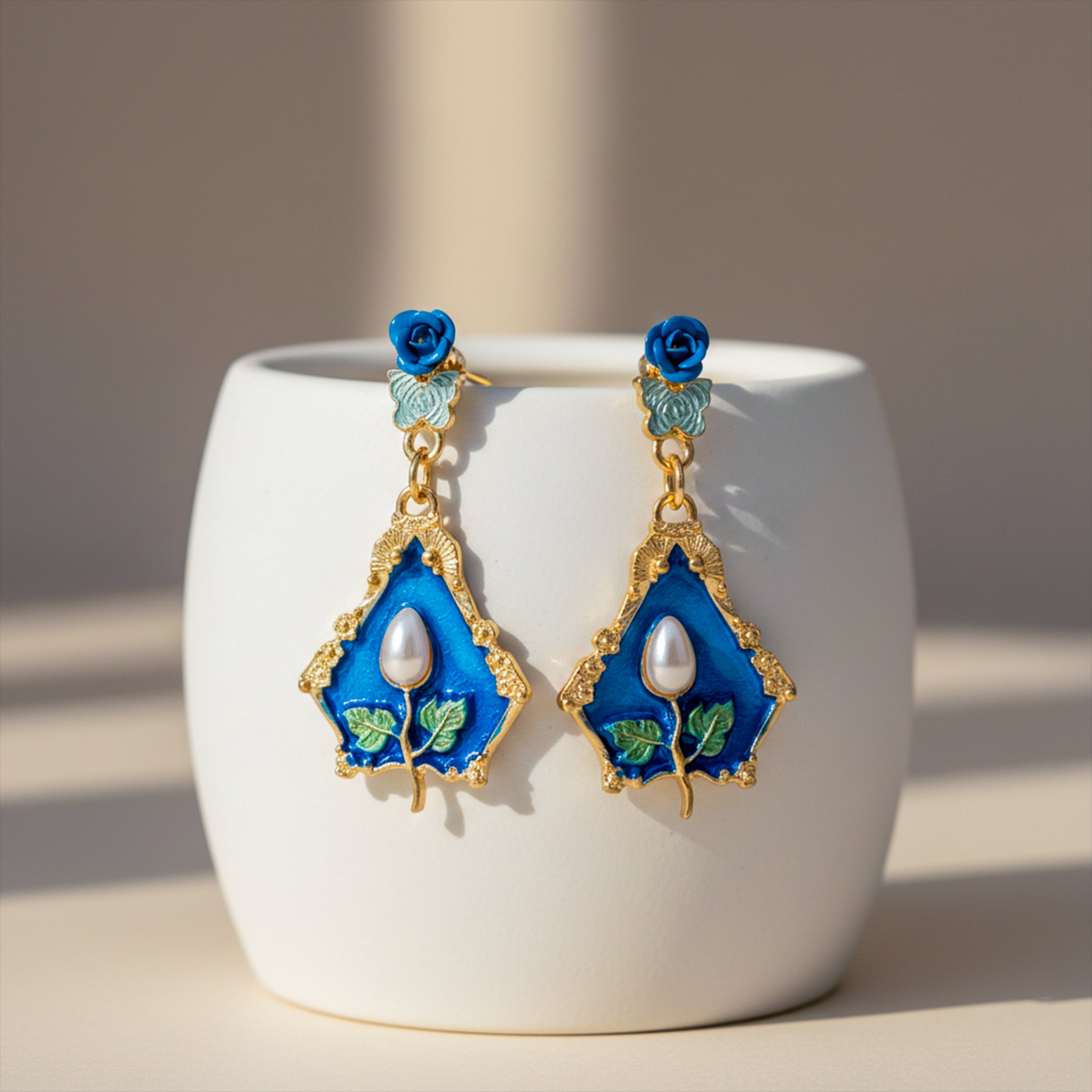 Women Drop Earrings Royal Blue Floral Gold jewellery - Finora Jewels