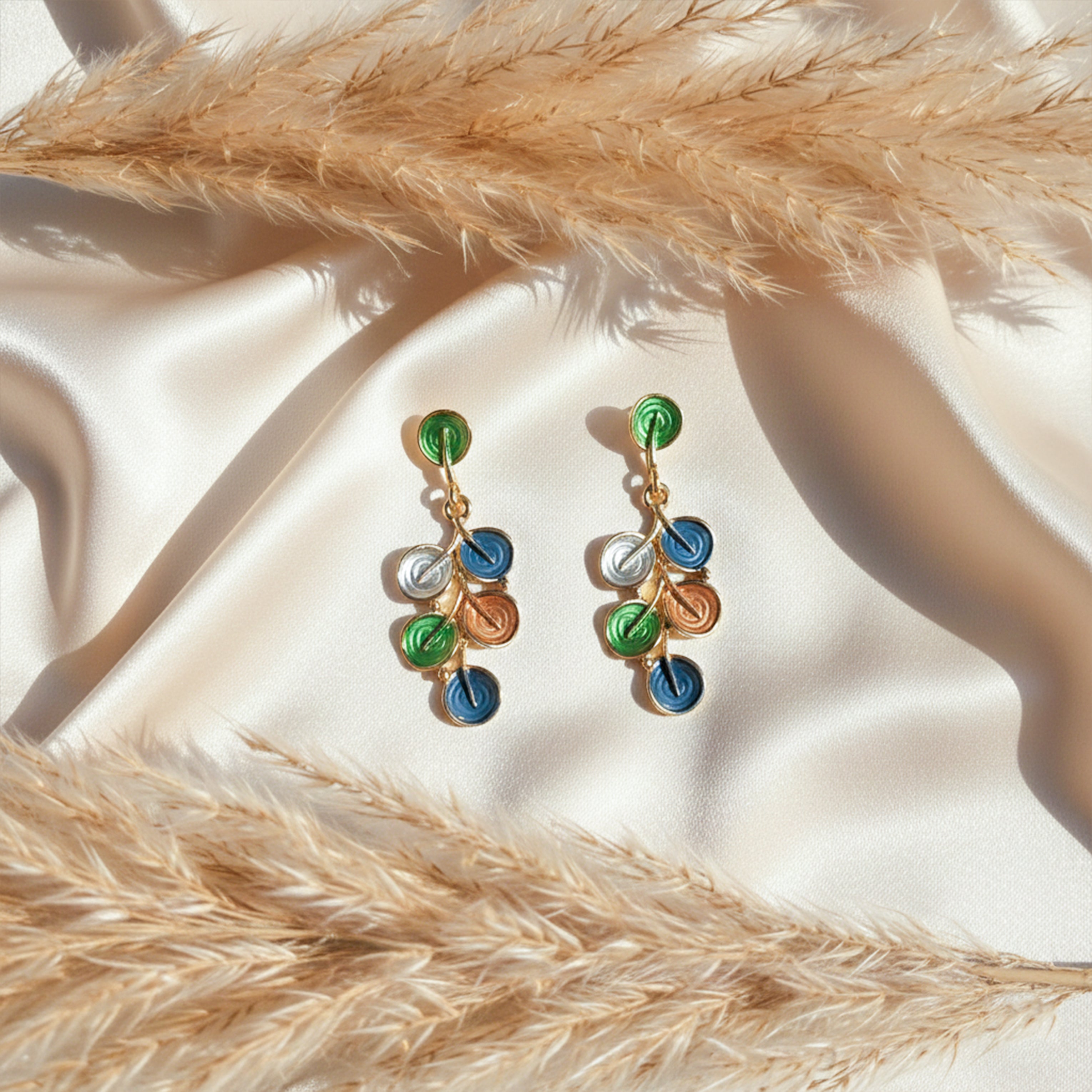 Multicolor Enamel Foliage Dangle Ear Studs GWE -206