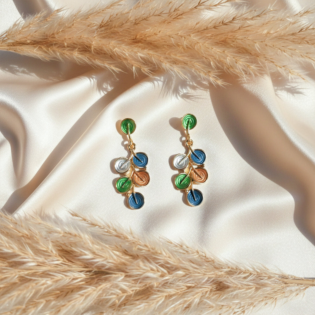 Multicolor Enamel Foliage Dangle Ear Studs GWE -206