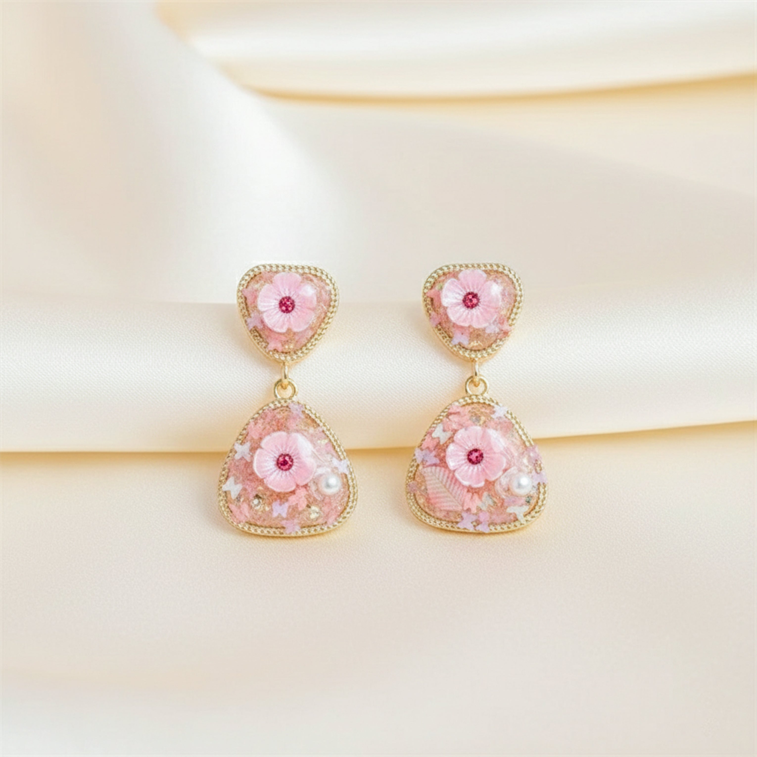 Pink Floral Stone Stud Earrings for women in Gold - Finora Jewels
