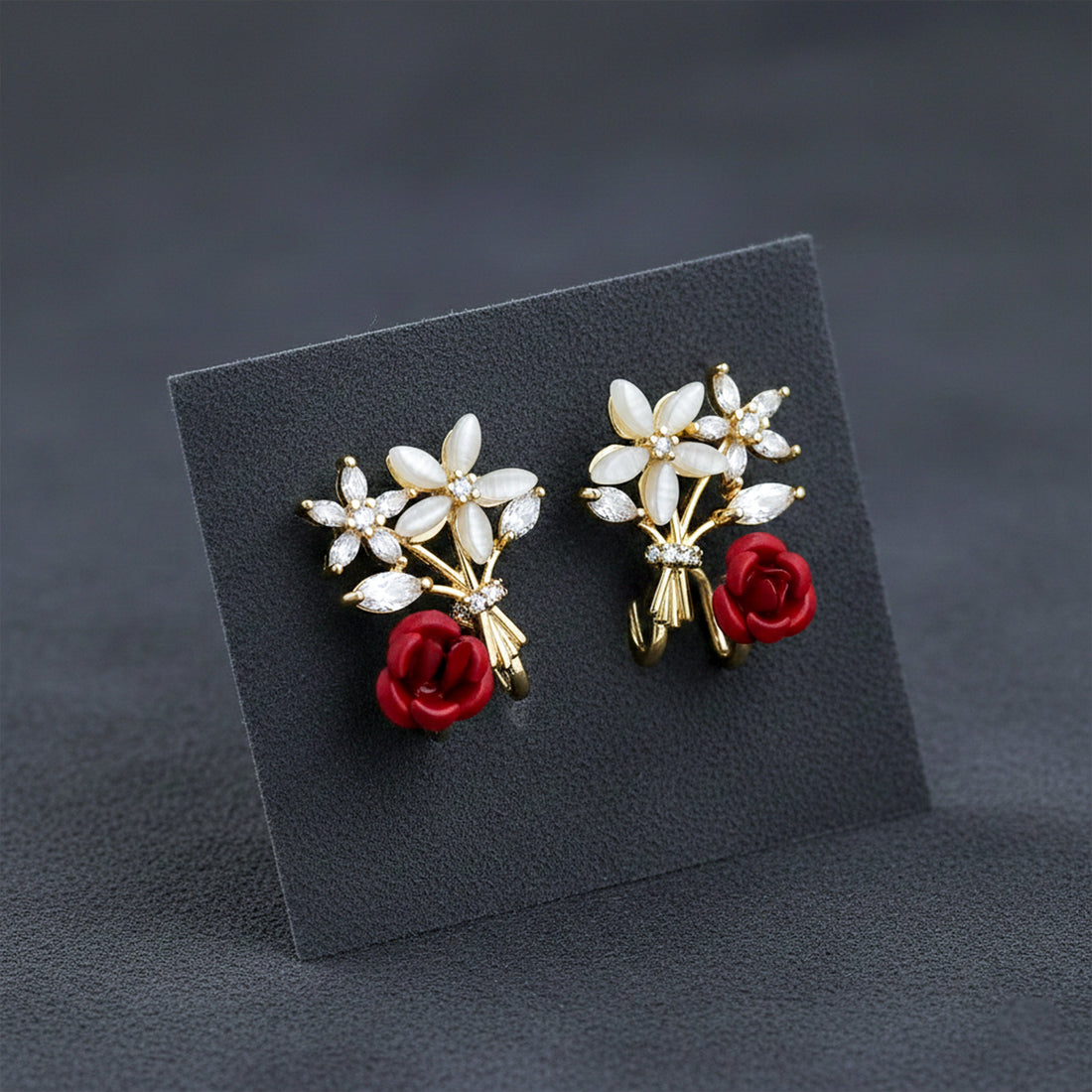 Women Stud Earrings Floral Bouquet Crystal Stud Gold jewellery - Finora Jewels
