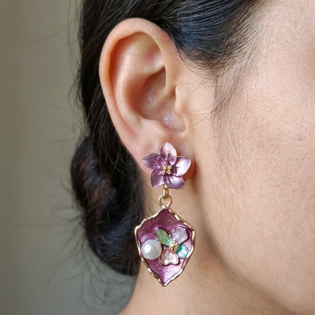Gold Purple Floral Stud Earrings for women - Finora Jewels