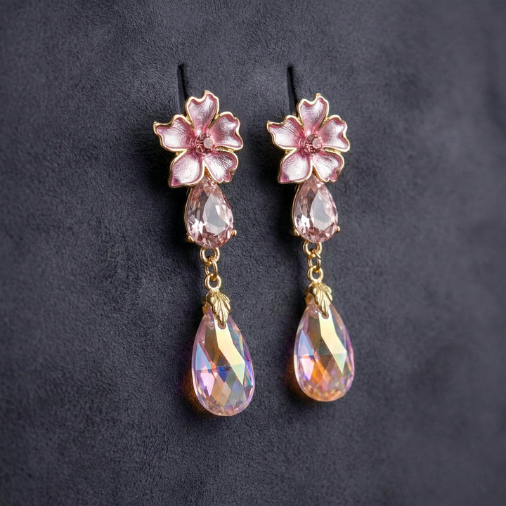 Pink Floral Crystal Drop Earrings