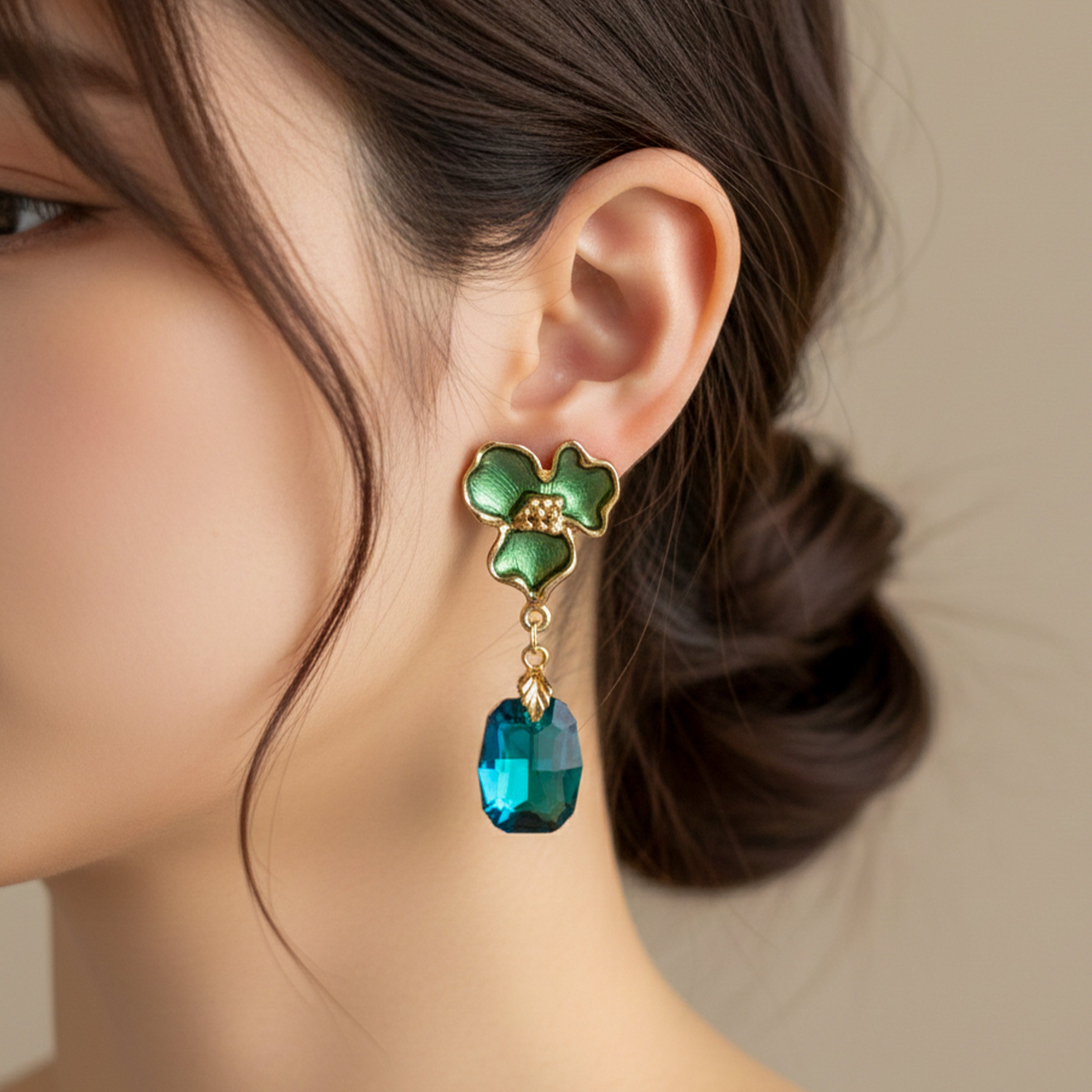 Gold Green Enamel Floral Drop Drop Earrings for women - Finora Jewels