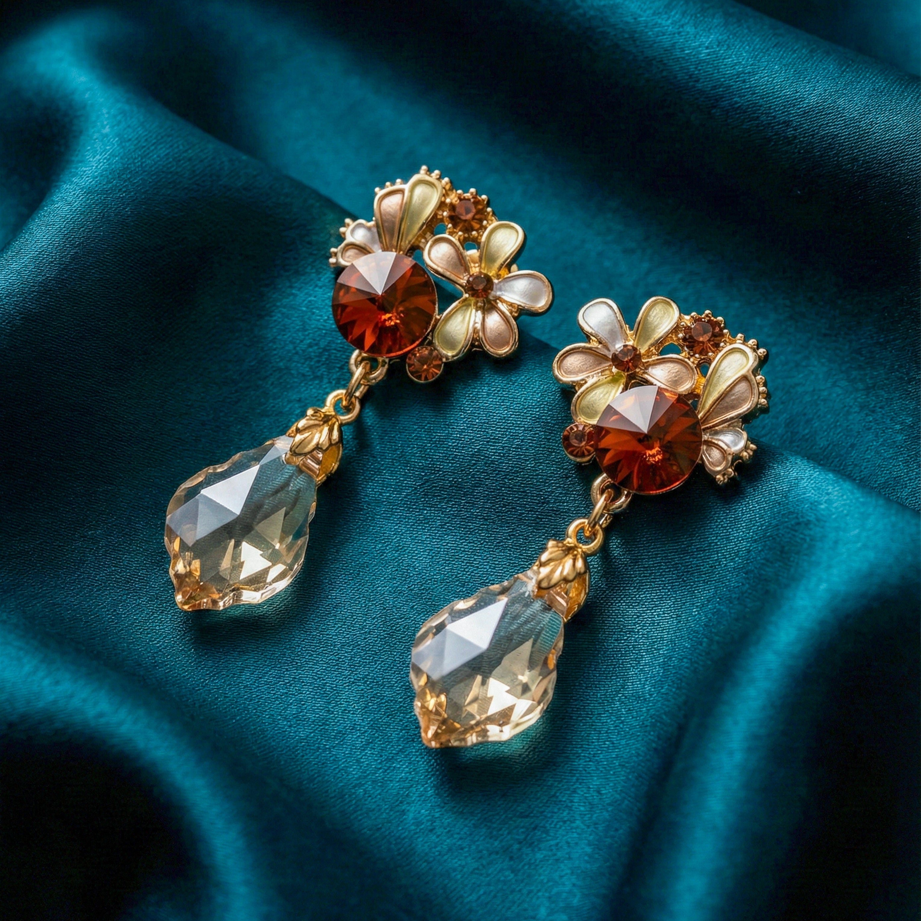 Brown Crystal Floral Drop Stud Earrings for women in Gold - Finora Jewels