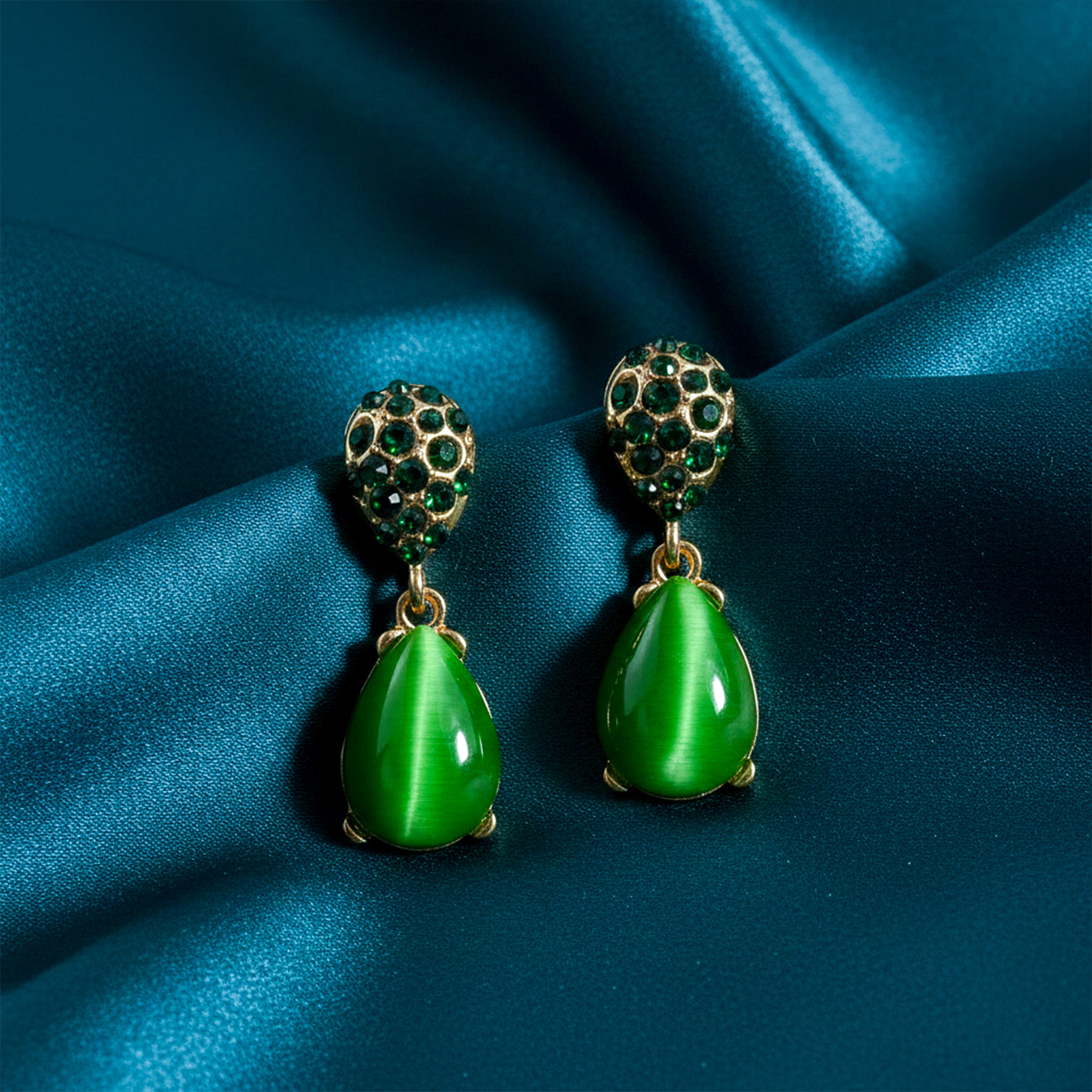 Green Crystal Teardrop Stud Earrings for women in Gold - Finora Jewels