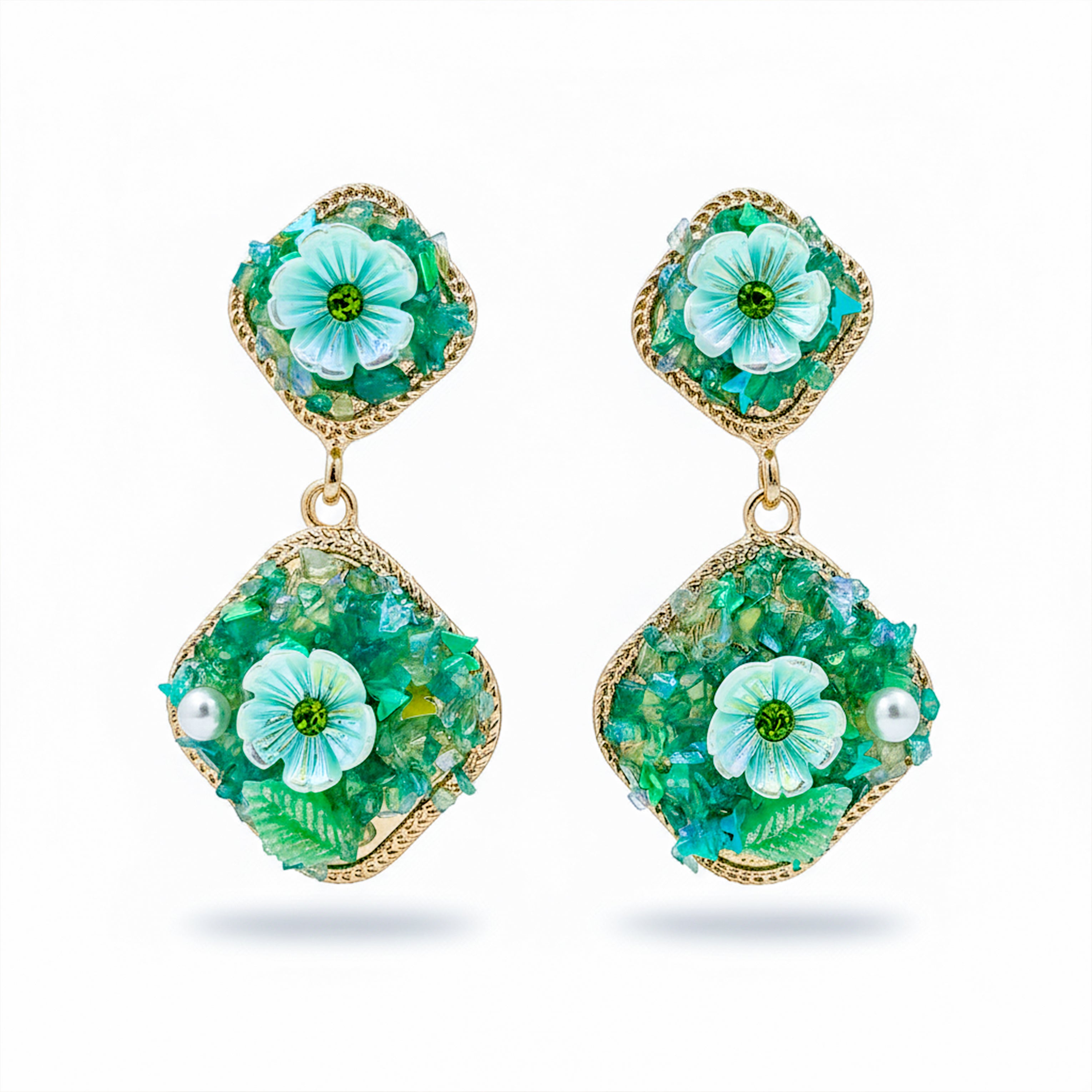 Verde Bloom Twin Dangle Ear Studs GWE -240