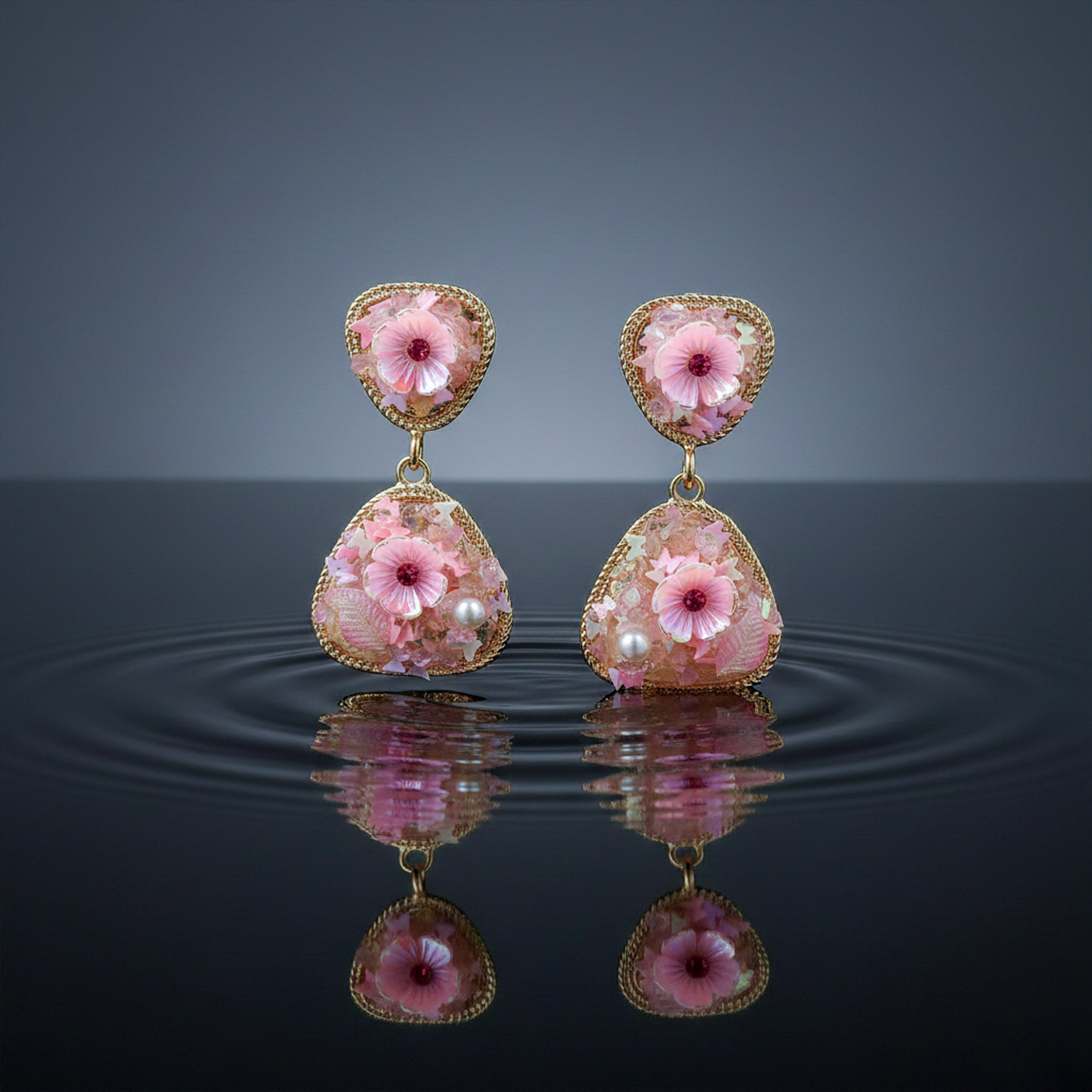 Pink Floral Stone Stud Earrings for women in Gold - Finora Jewels