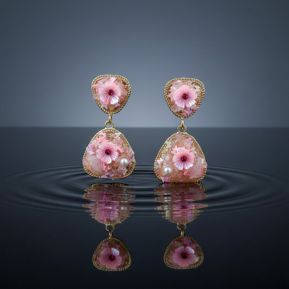 Pink Floral Stone Stud Earrings for women in Gold - Finora Jewels