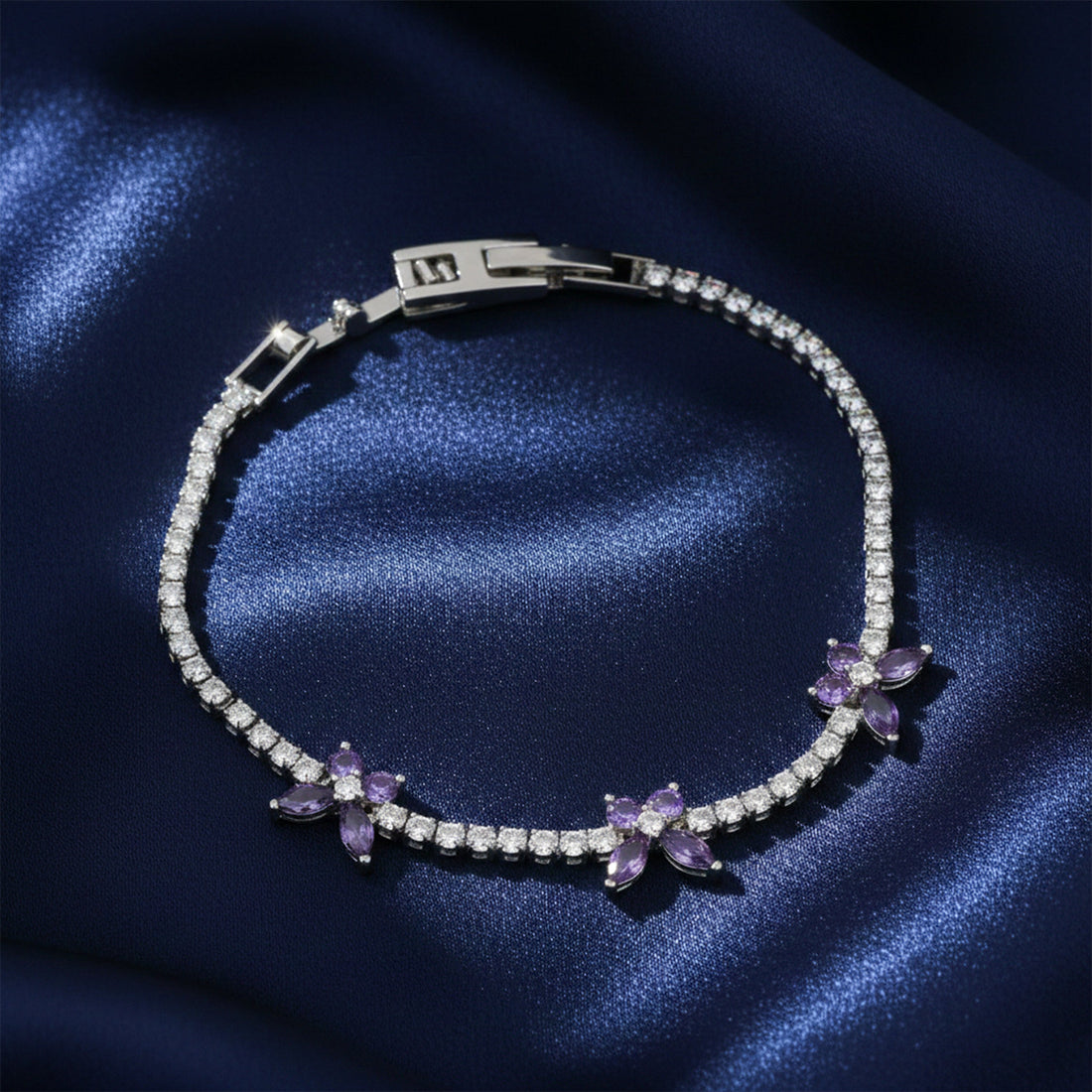 Purple Floral Accent Tennis Bracelet for women in Silver - Finora Jewels