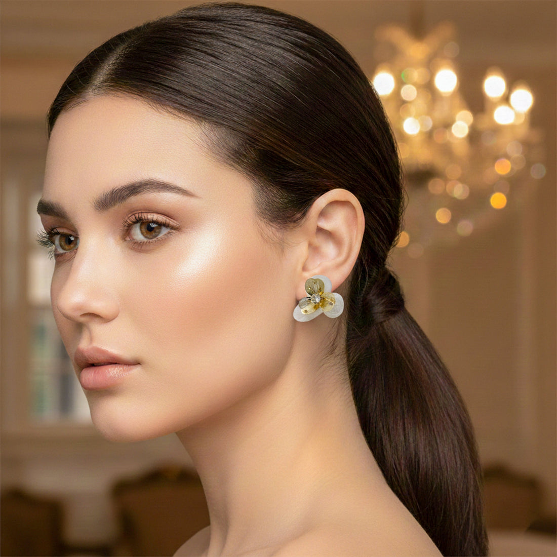 Gold-Toned Sheer Foliage Post Ear Studs GWE -169