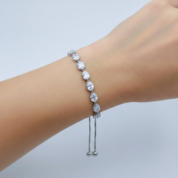 Silver Plated CZ Oval Link Adjustable Bracelet