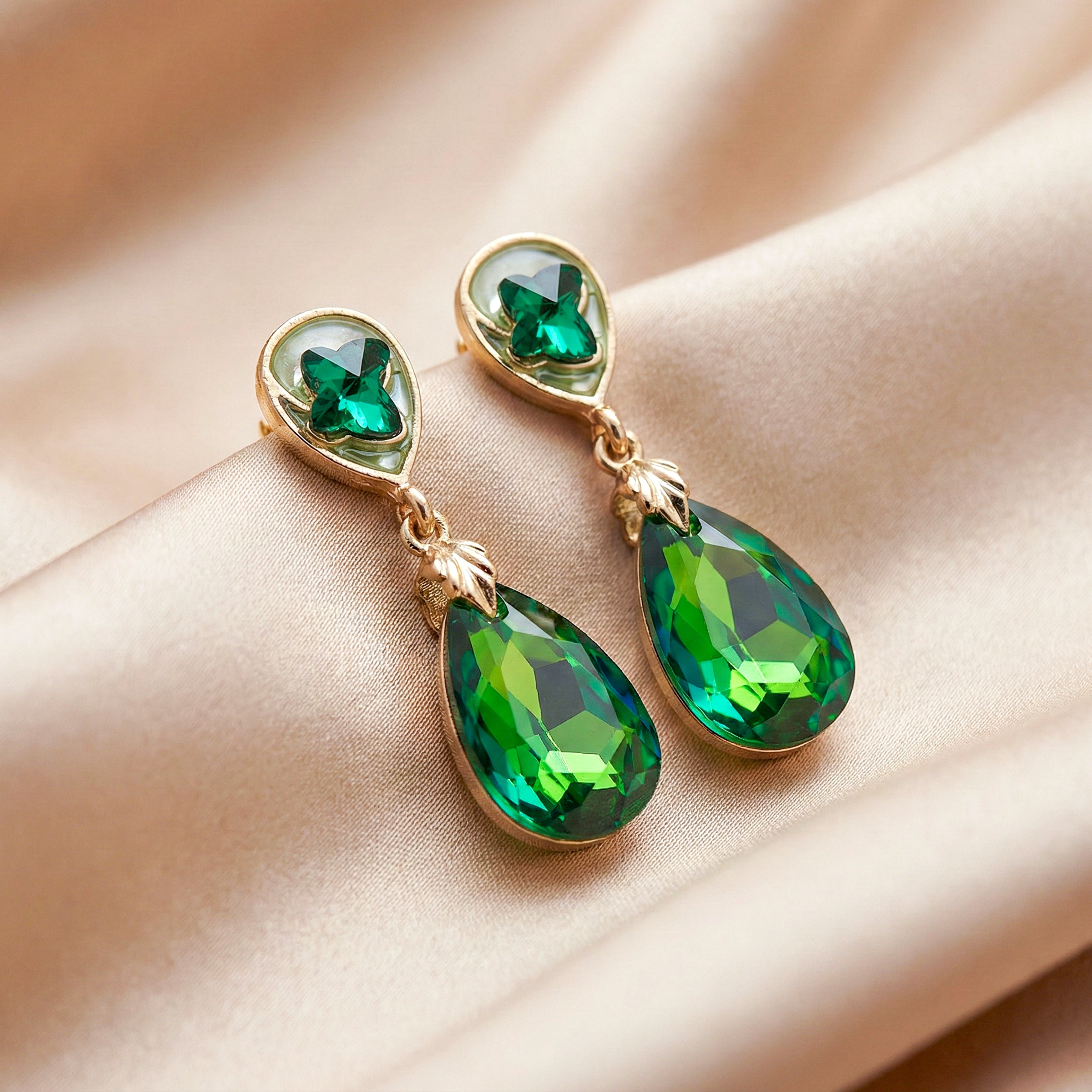 Gold Emerald Green Stud Earrings for women - Finora Jewels