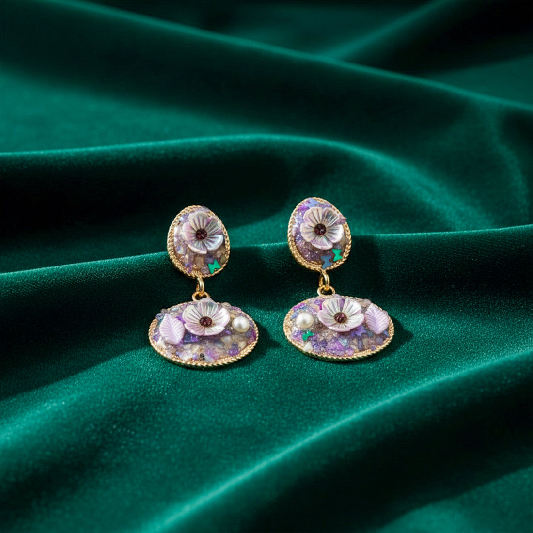 Women Stud Earrings Lavender Floral Stone Drop Gold jewellery - Finora Jewels
